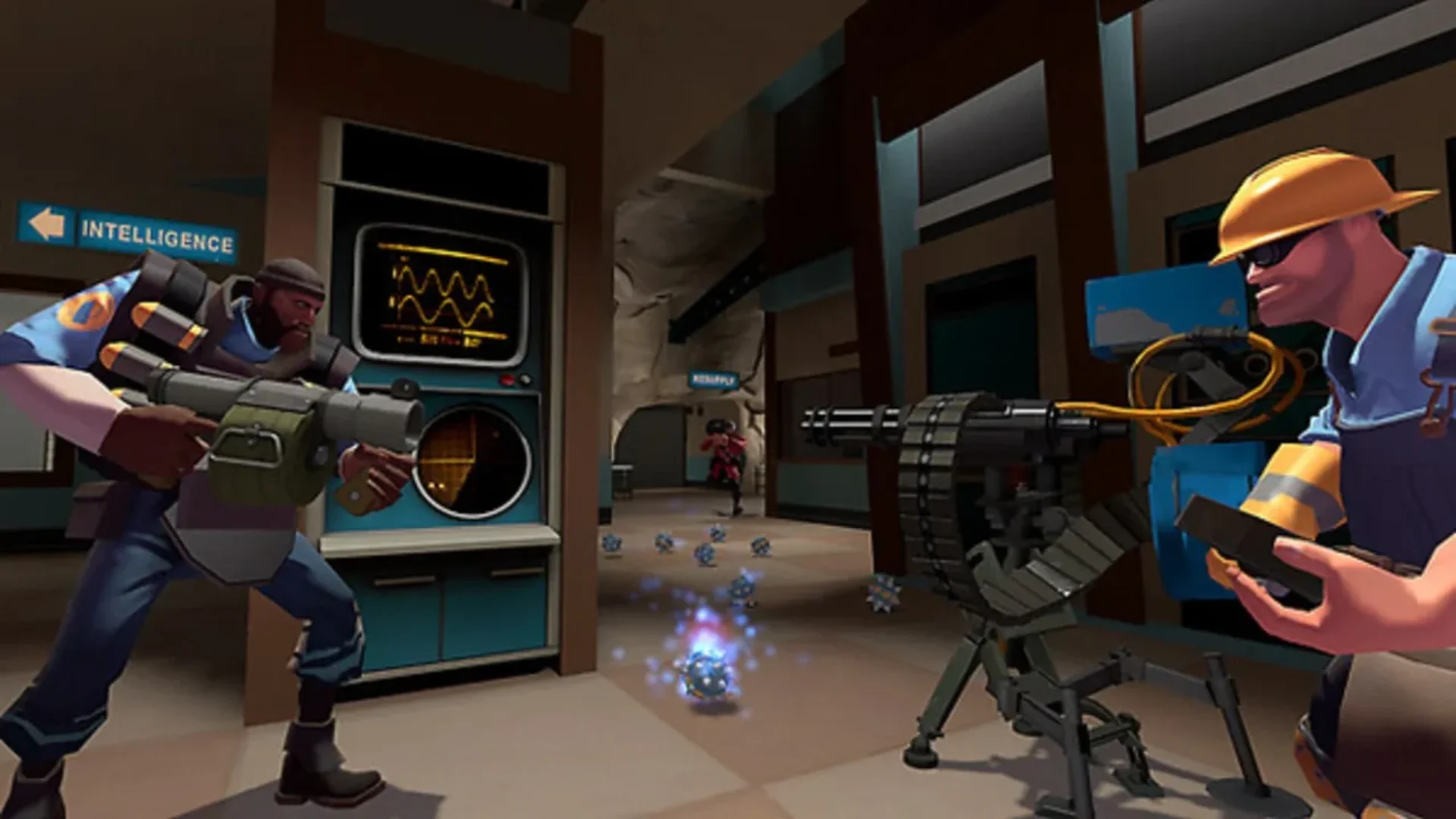 Team Fortress 2 Demoman and Engineer defending an interior area with a sentry gun