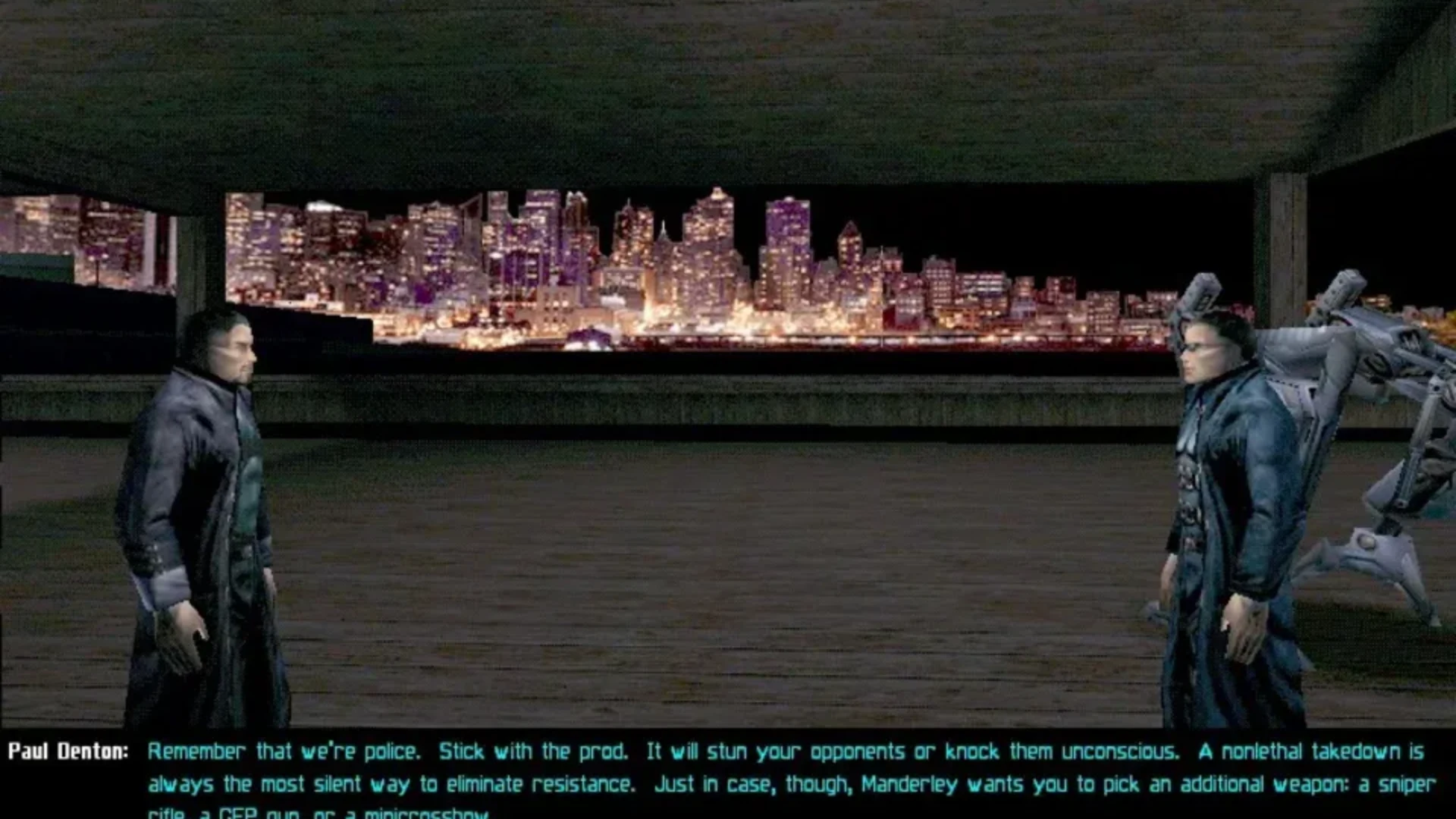 Deus Ex scene showing JC Denton and Paul Denton talking with a nighttime city skyline behind them.