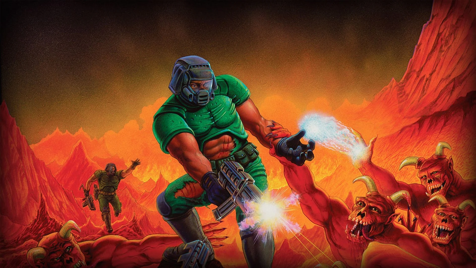Doom 1993 artwork showing Doomguy firing at demons across a fiery landscape.