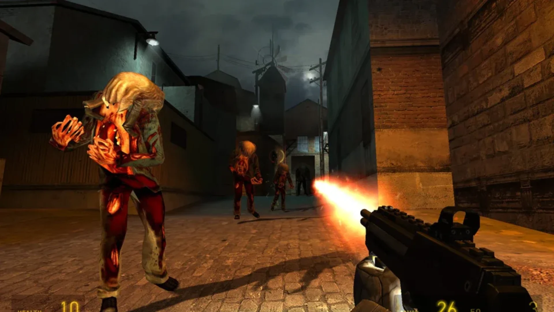 Half-Life 2 first-person combat showing the player firing at headcrab zombies in a dark urban area.