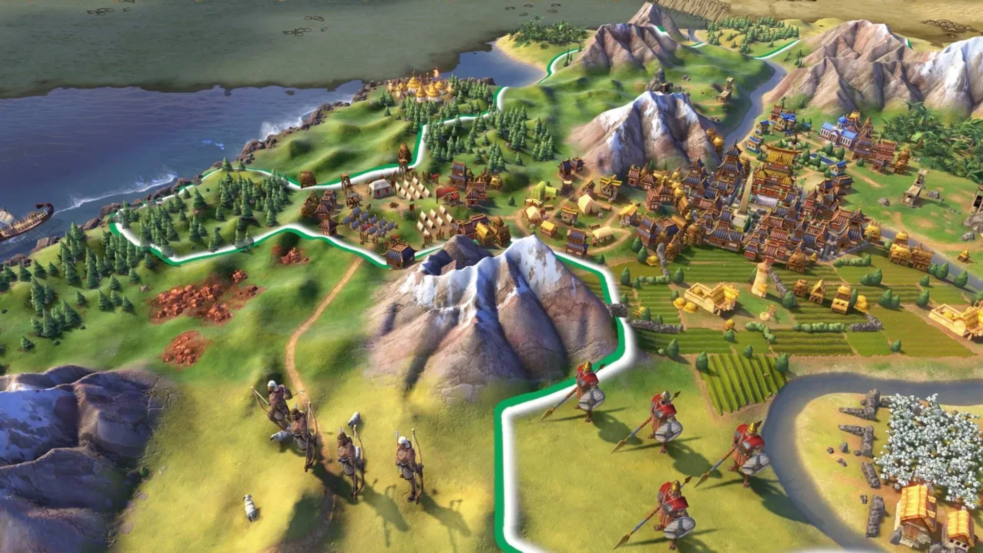 Civilization VI map showing a developed city, mountains, farms, military units, forests, and coastline.