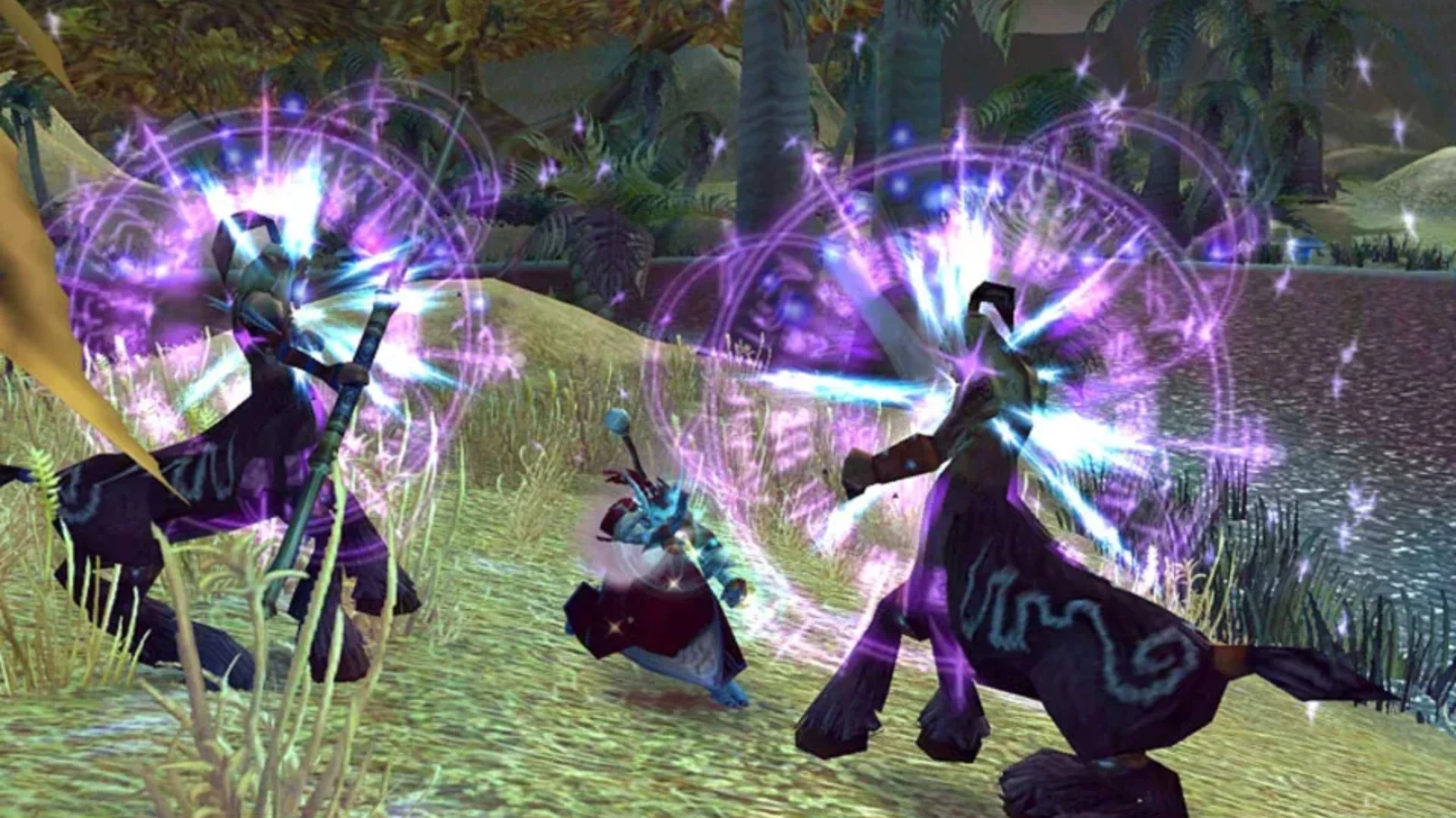 World of Warcraft characters casting bright purple and blue magical spells during combat near a river.