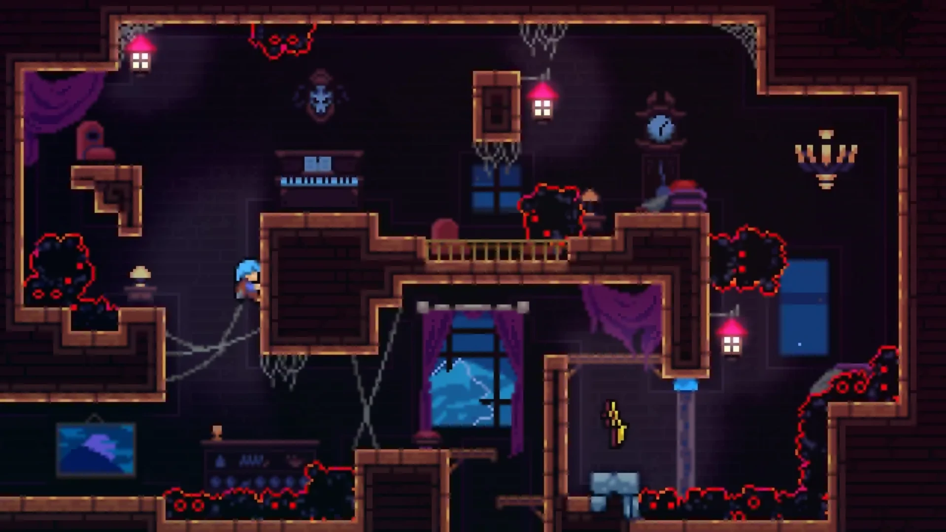 Madeline navigates a dark Celeste platforming room filled with hazards, narrow passages, and moving obstacles