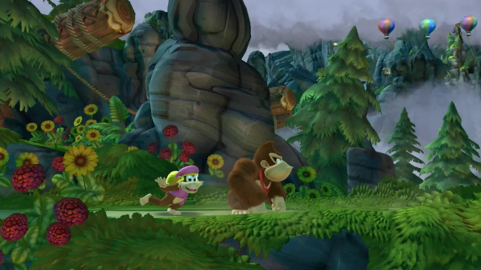 Donkey Kong and Dixie Kong run through a lush forest stage in Donkey Kong Country Tropical Freeze