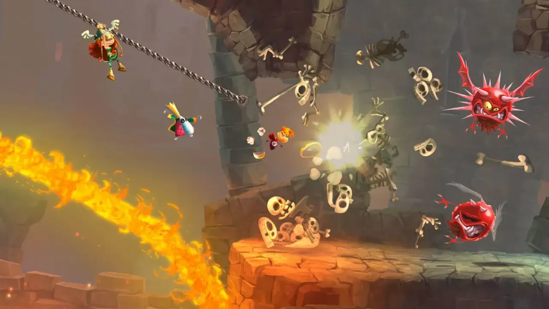 Rayman swings across a chain while enemies and bones fly through a fiery castle stage in Rayman Legends