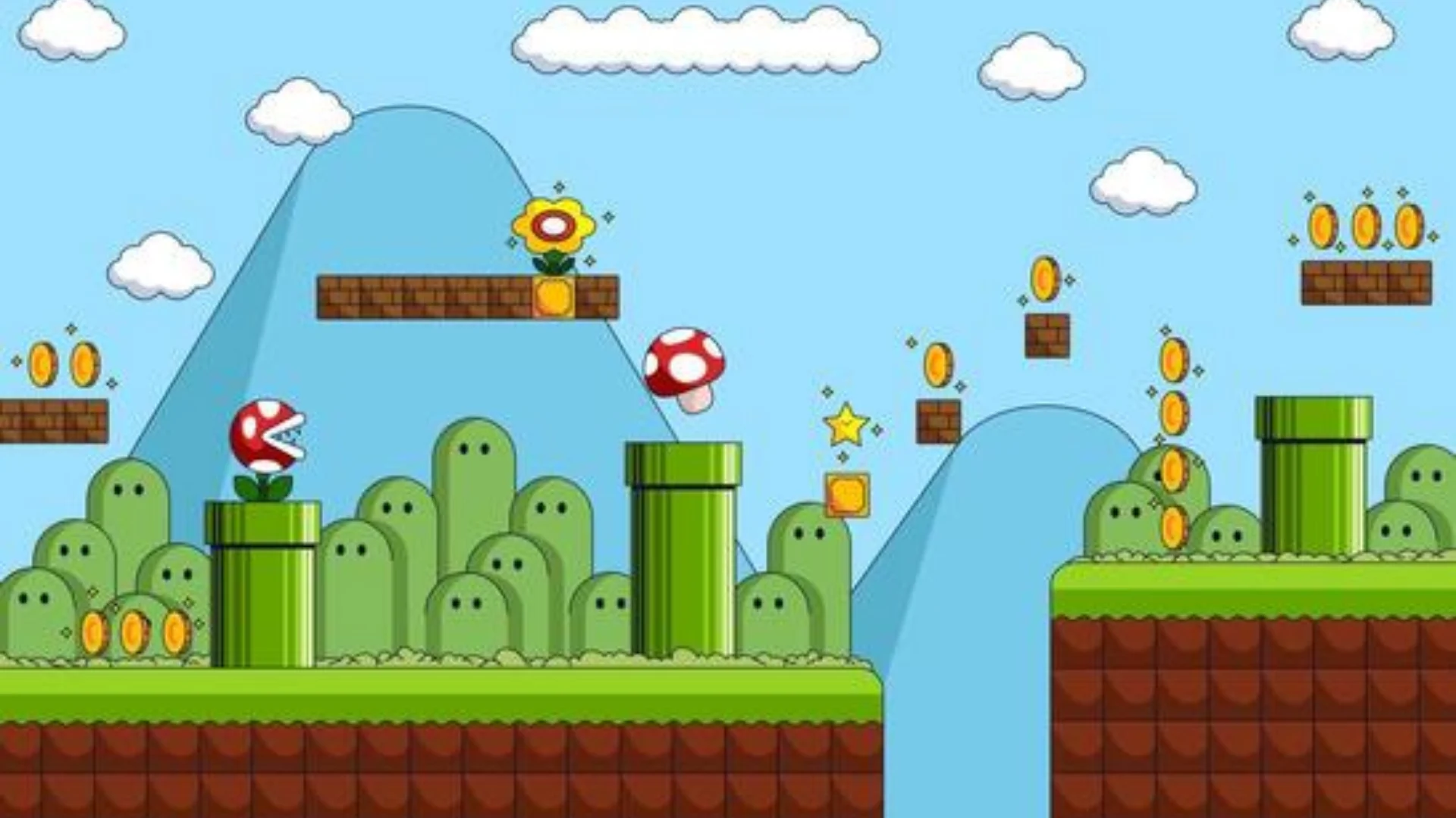 Classic Mario-style platform scene with green pipes, coins, mushrooms, clouds, and grassy platforms