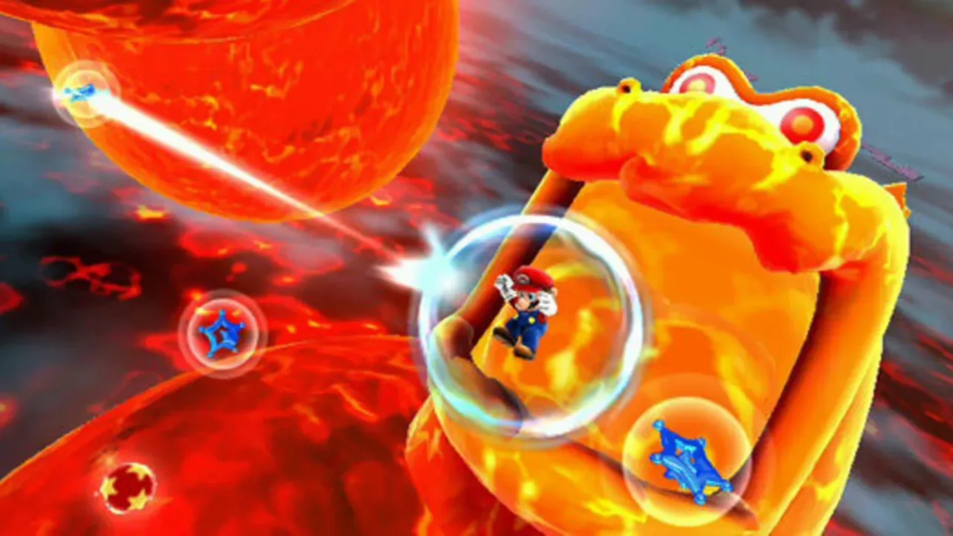 Mario navigates a fiery orange planet surrounded by lava and collectible objects in Super Mario Galaxy 2
