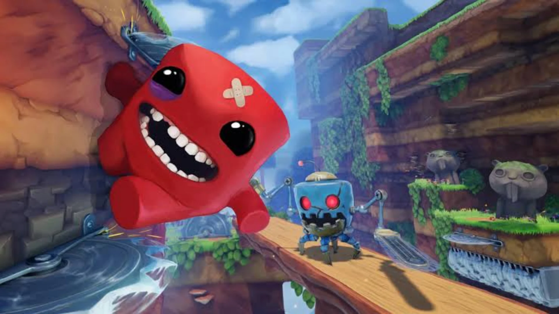 Super Meat Boy leaps through a colorful canyon level while avoiding a pursuing mechanical enemy