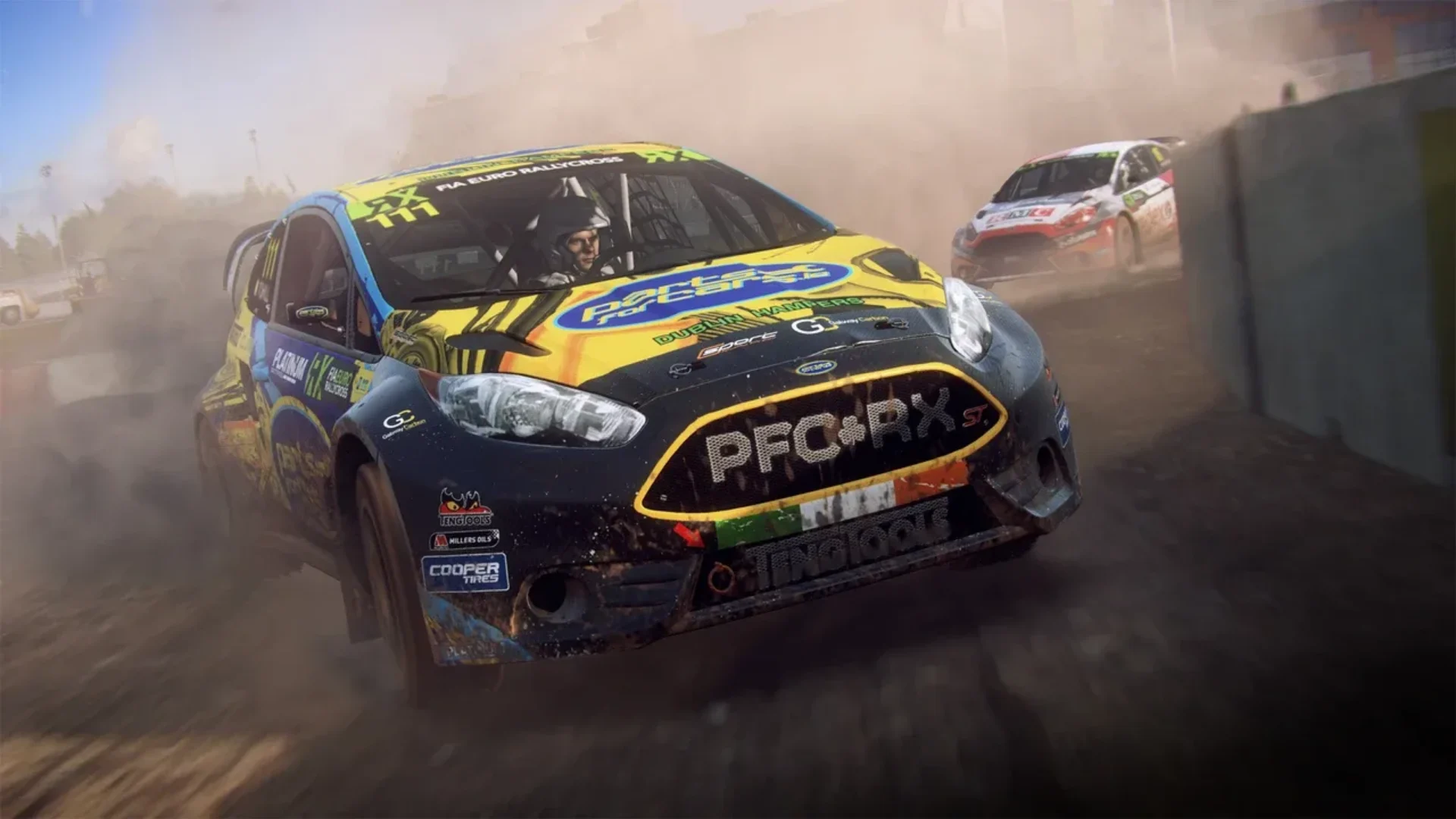 Rallycross cars racing through dust in DiRT Rally 2.0