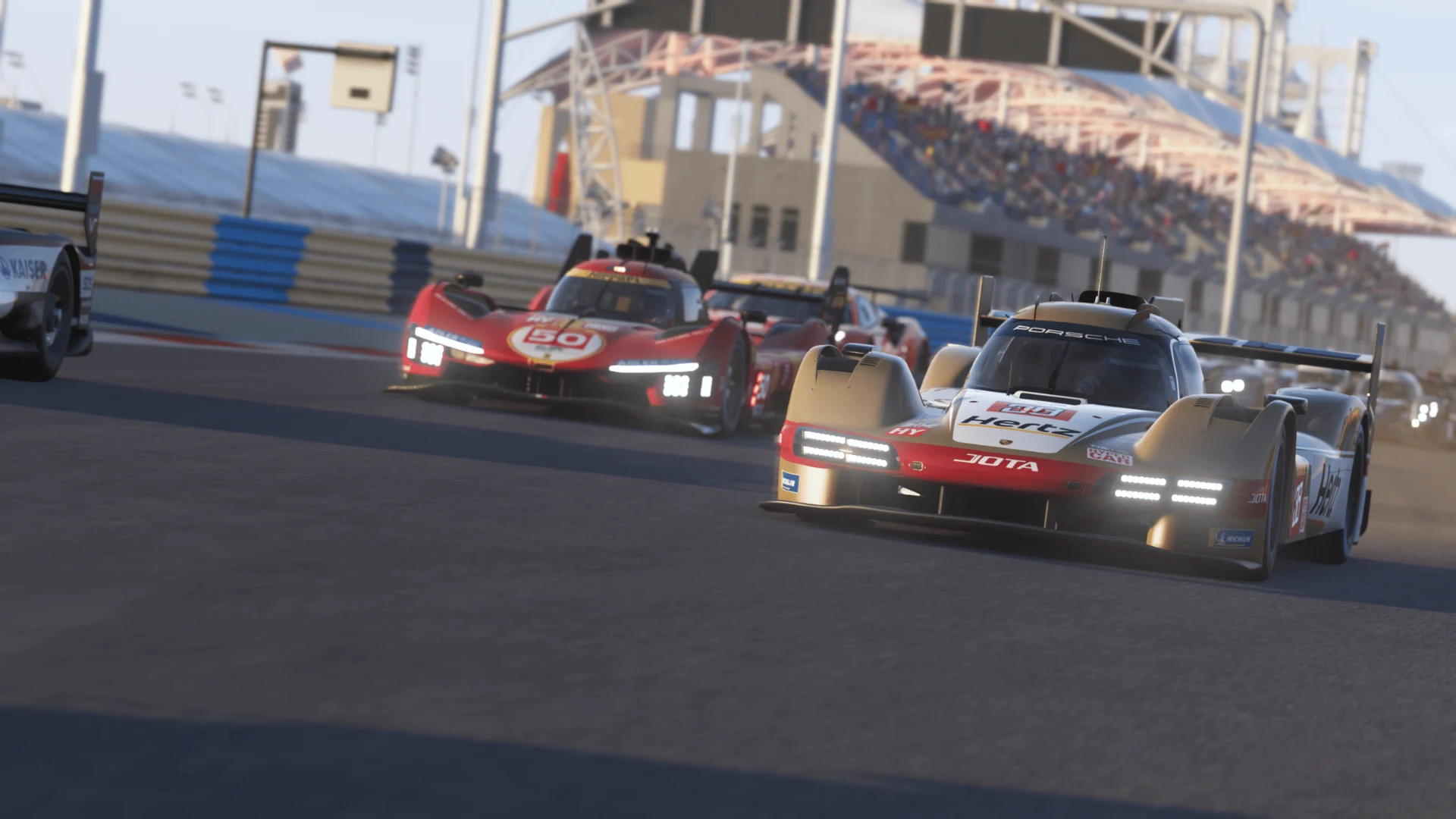 Porsche and Ferrari hypercars racing together on track in Le Mans Ultimate