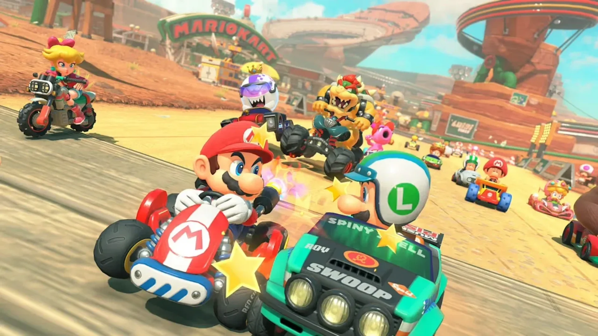Mario and Luigi racing alongside Bowser and other drivers in Mario Kart World