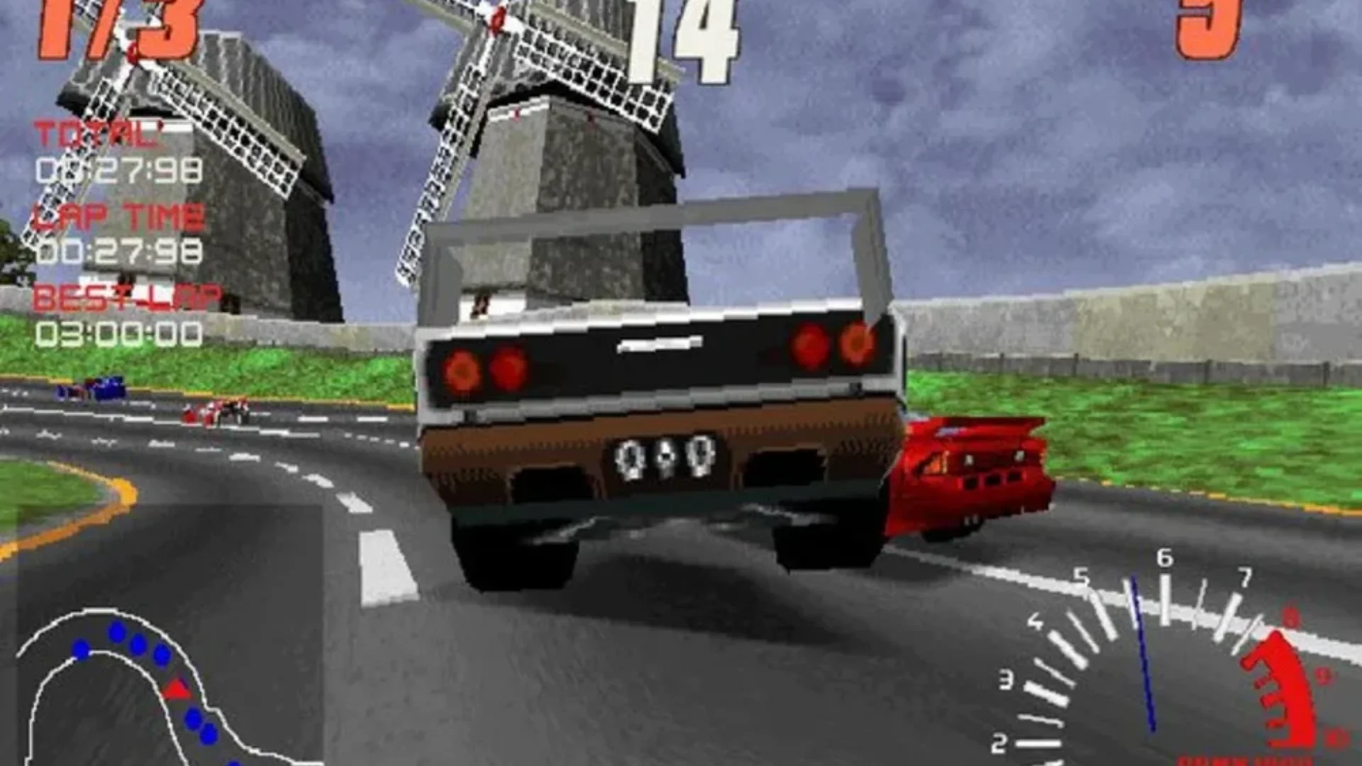 Car racing past rivals on a city circuit in Screamer