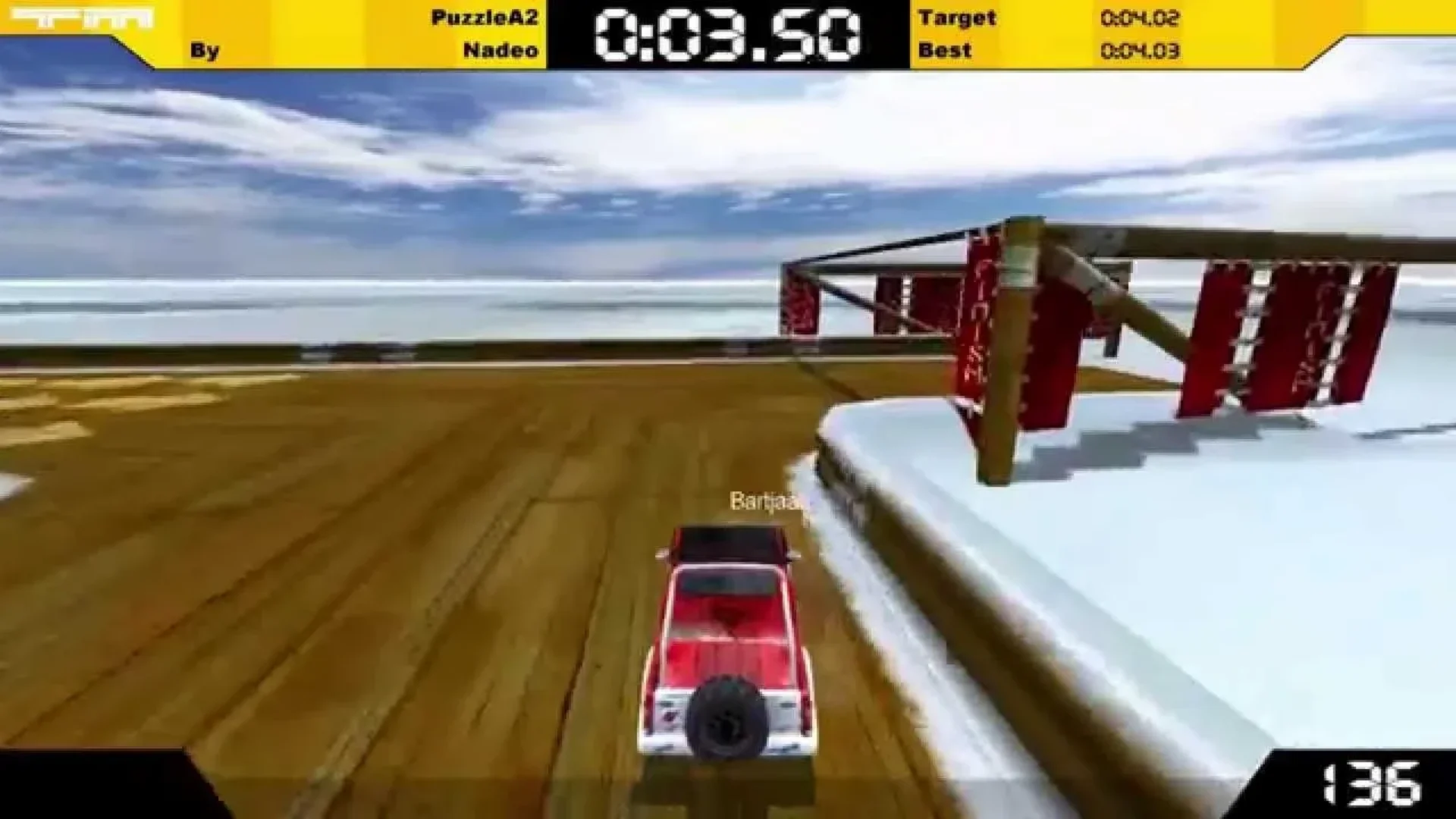 Red car racing through a timed obstacle course in Trackmania