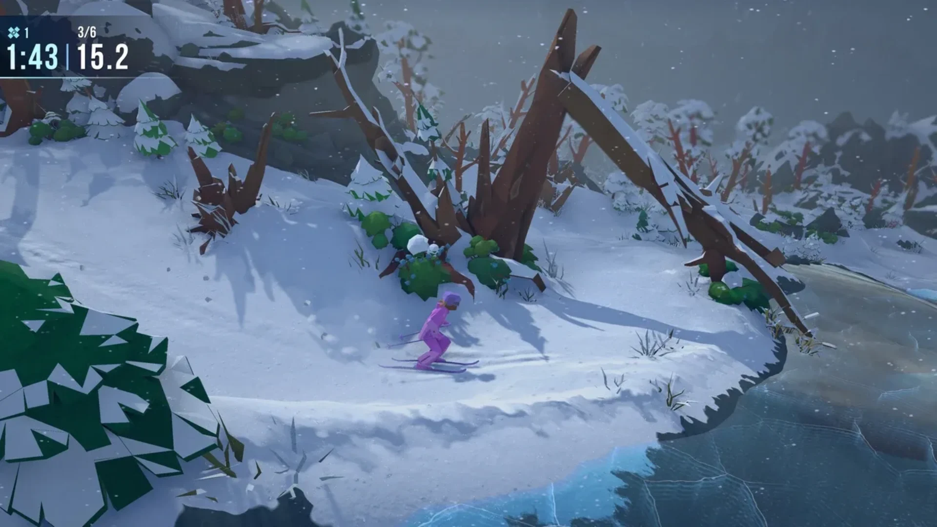 Skier descends a snowy mountain course in Lonely Mountains: Snow Riders