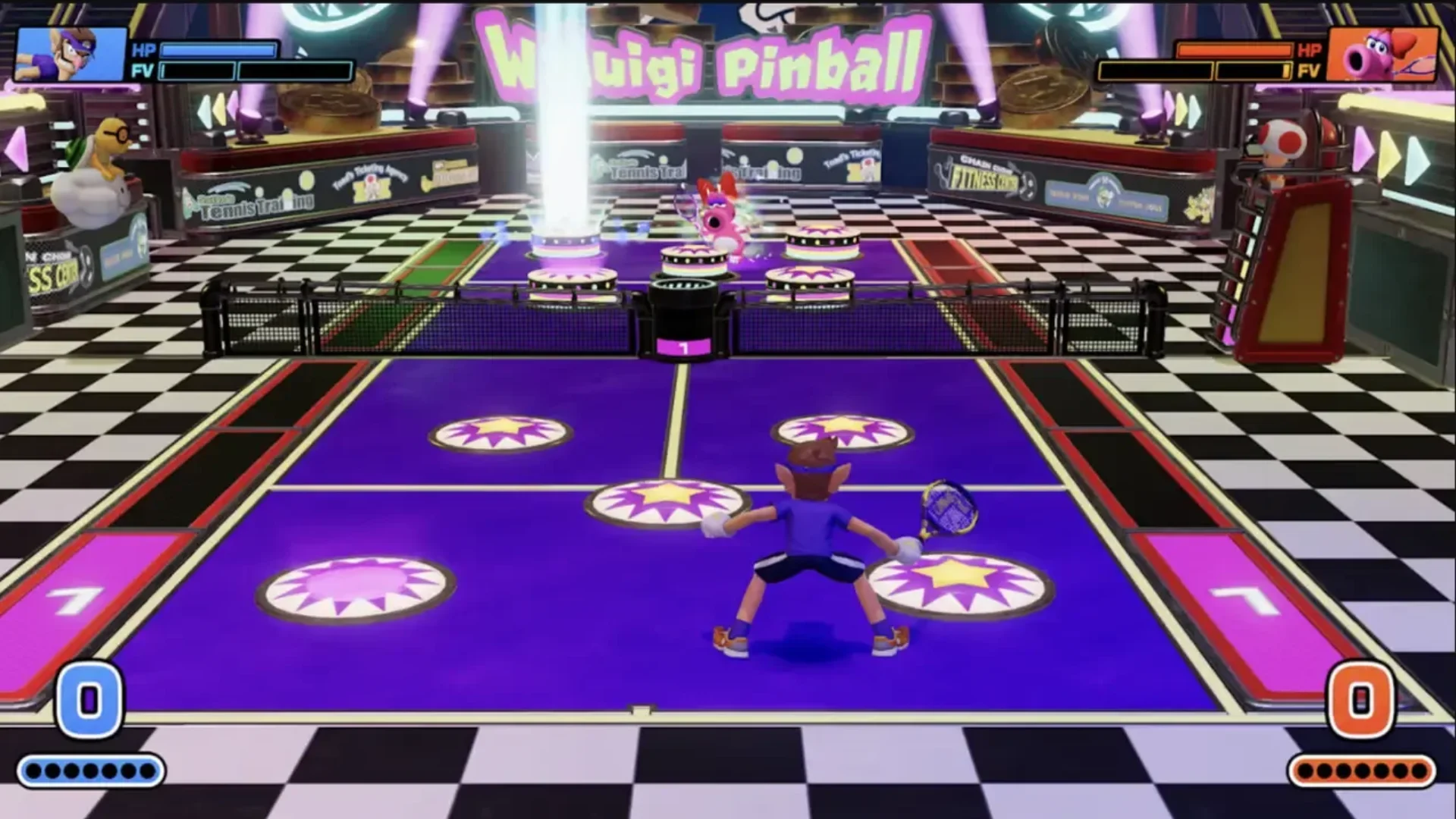 Waluigi faces Birdo on a colorful tennis court in Mario Tennis Fever