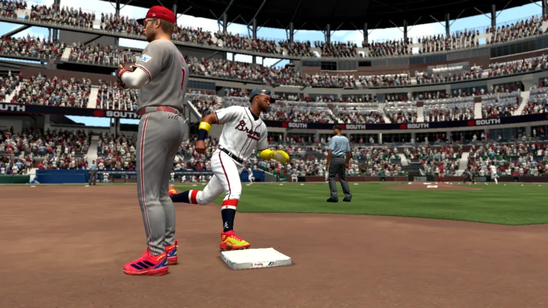 Baseball player rounds a base during a stadium game in MLB The Show 26