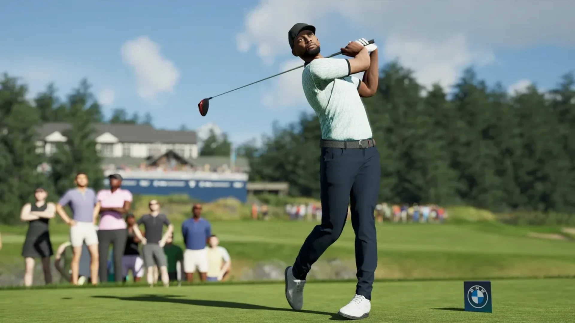 Golfer follows through after a tee shot in PGA Tour 2K25