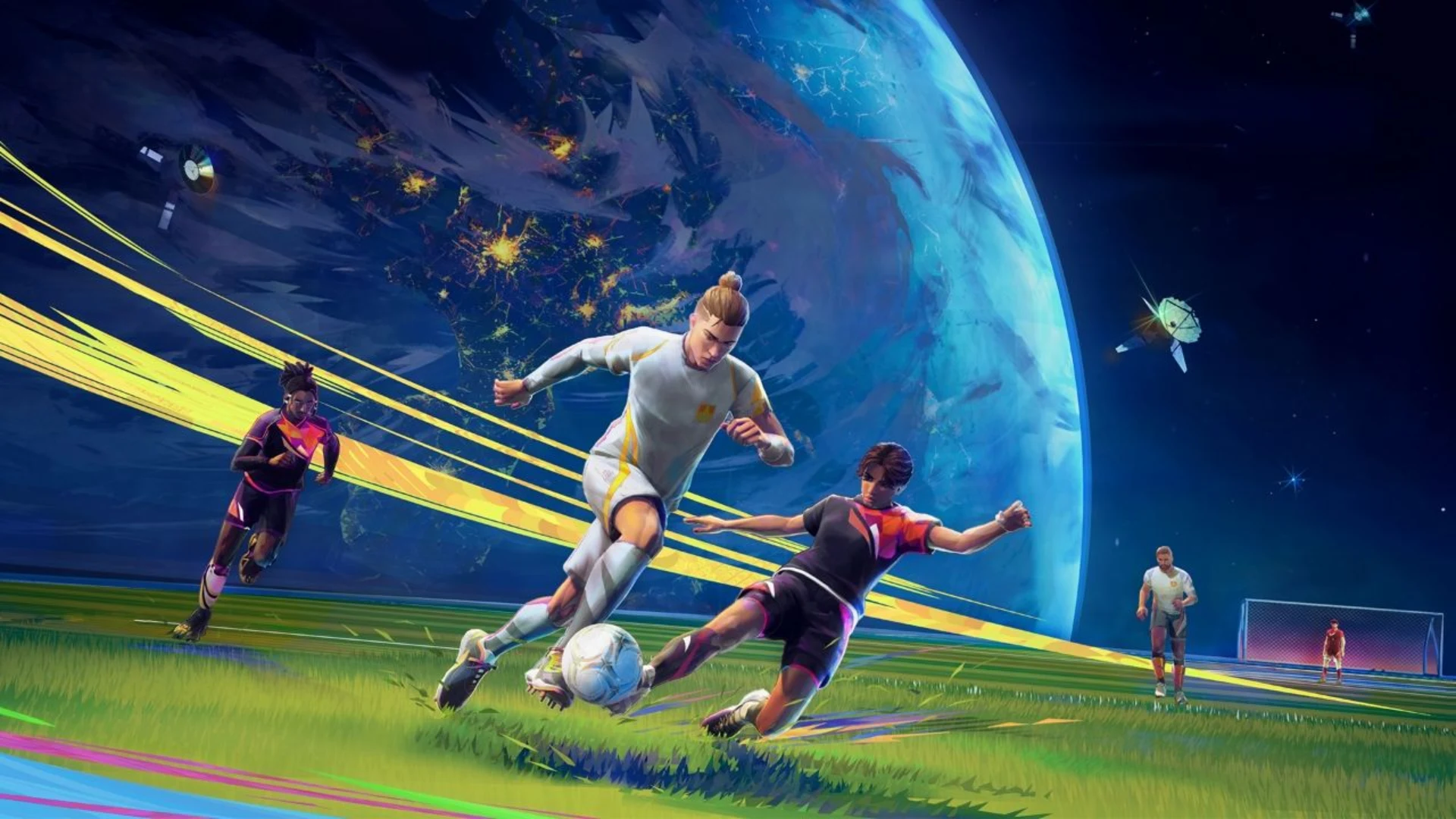 Football players compete for the ball during a match in Rematch