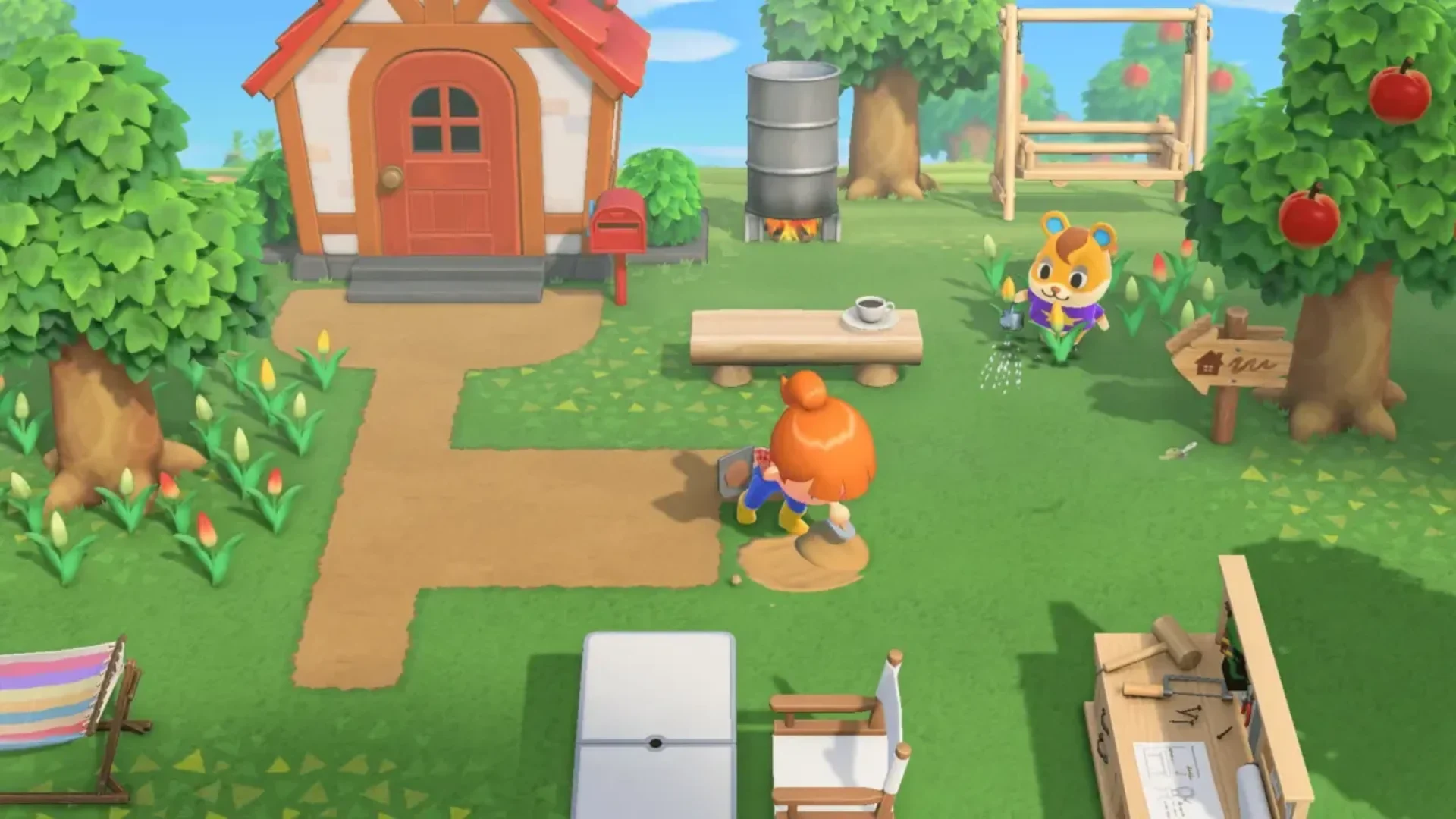 Player tending an island garden while a villager waters flowers in Animal Crossing: New Horizons
