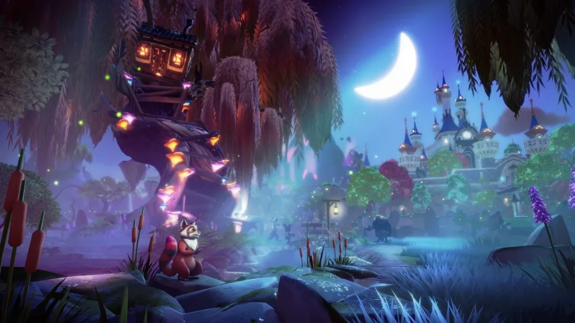 Disney Dreamlight Valley landscape at night with a glowing castle, crescent moon and raccoon
