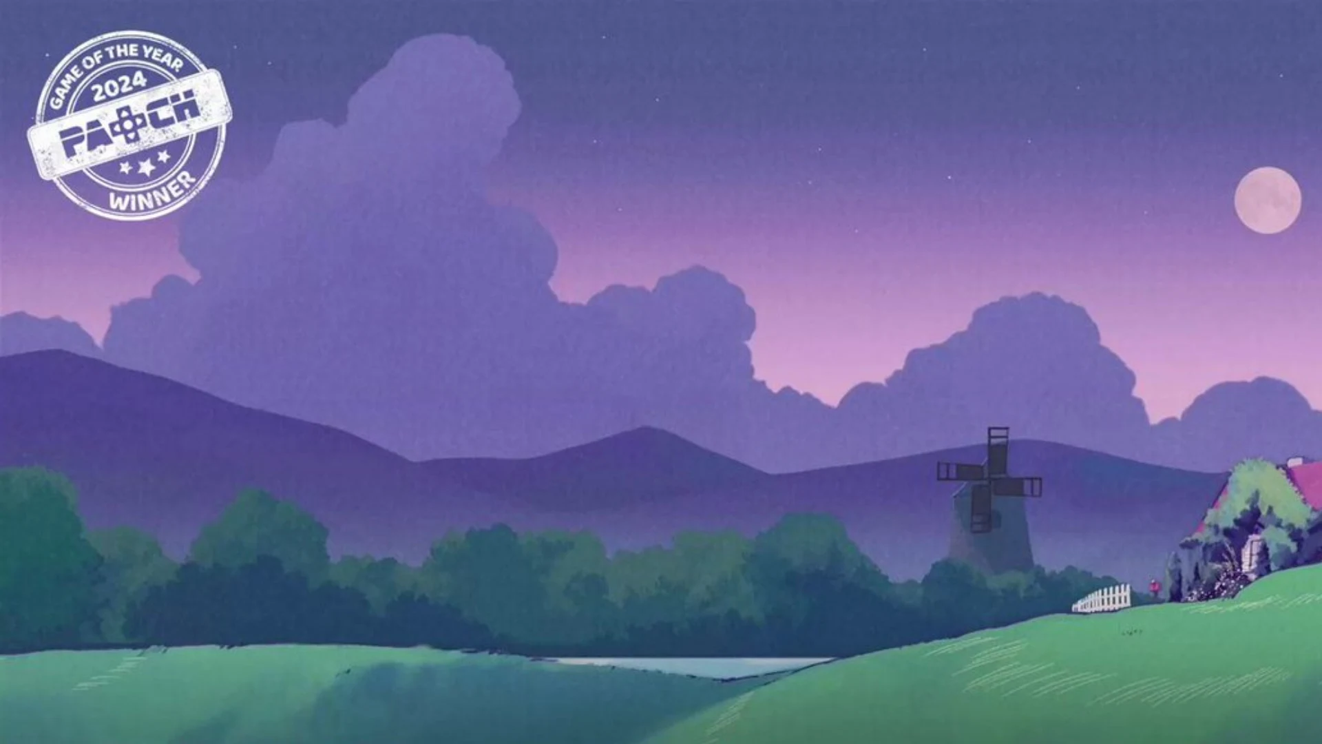 Fields of Mistria countryside with green hills, a windmill and a purple sunset sky