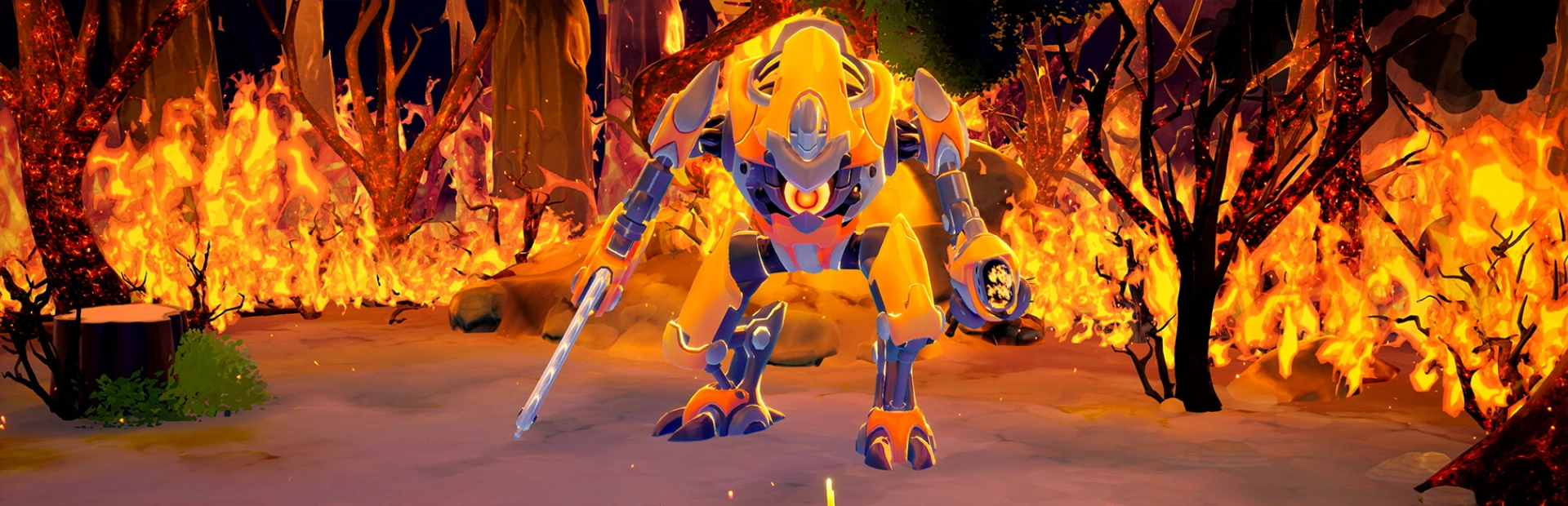 A giant yellow robot stands in a burning forest