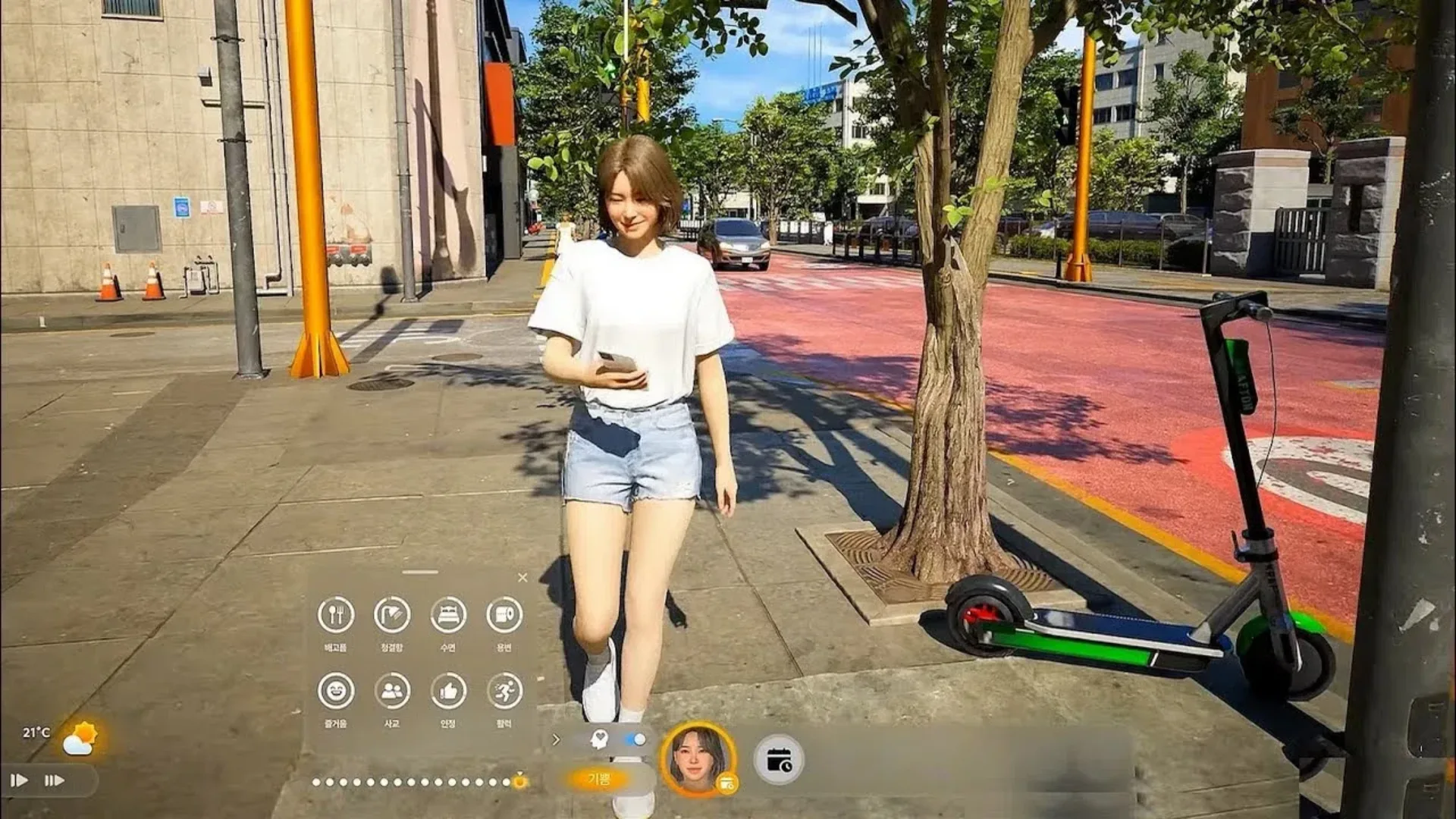 Female character walking along a realistic city sidewalk beside an electric scooter in inZOI