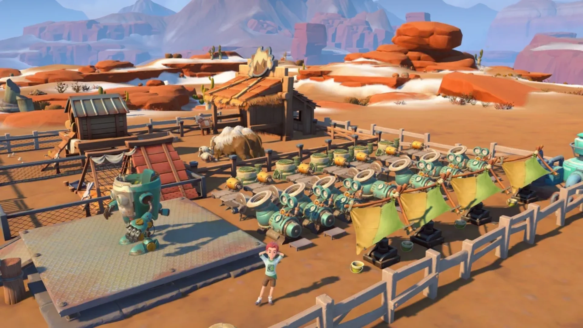 Large desert workshop filled with machines and livestock in My Time at Sandrock