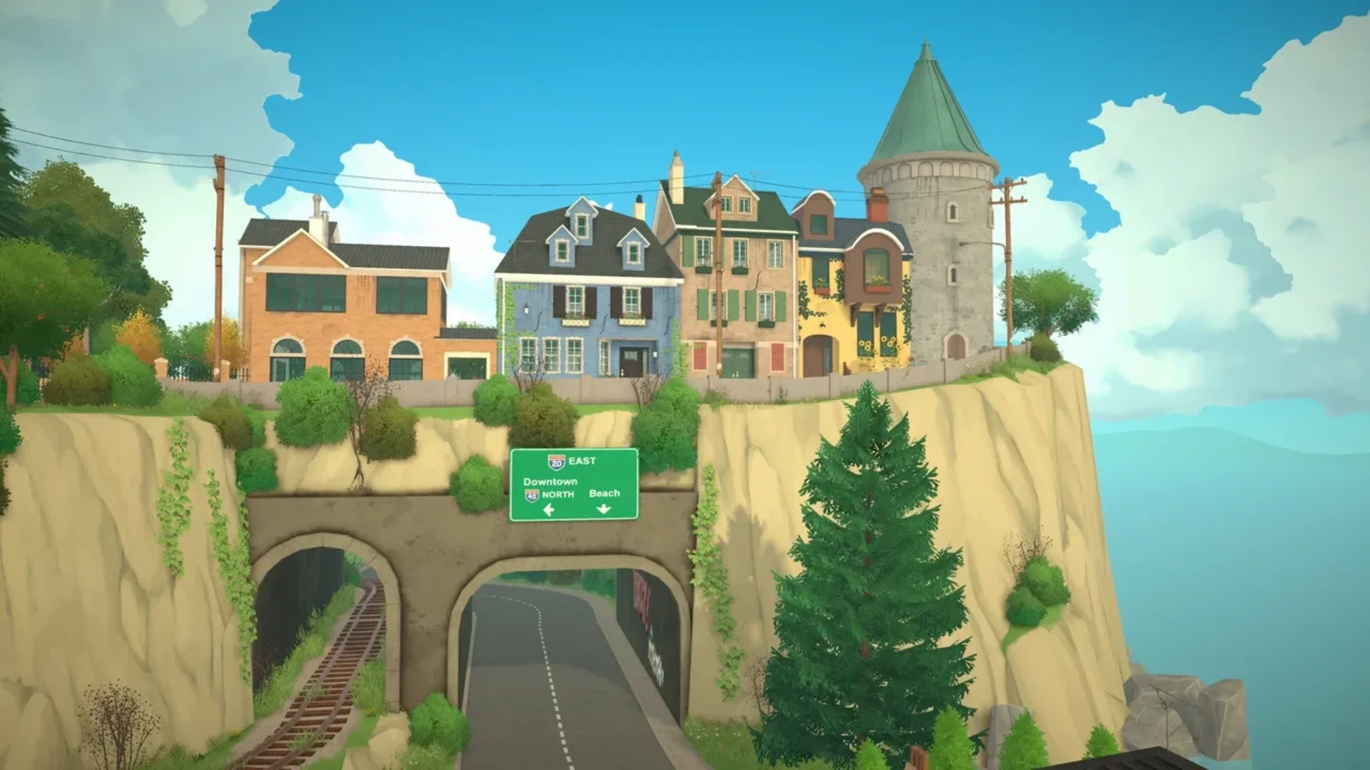Colorful Paralives neighborhood with houses above road and railway tunnels