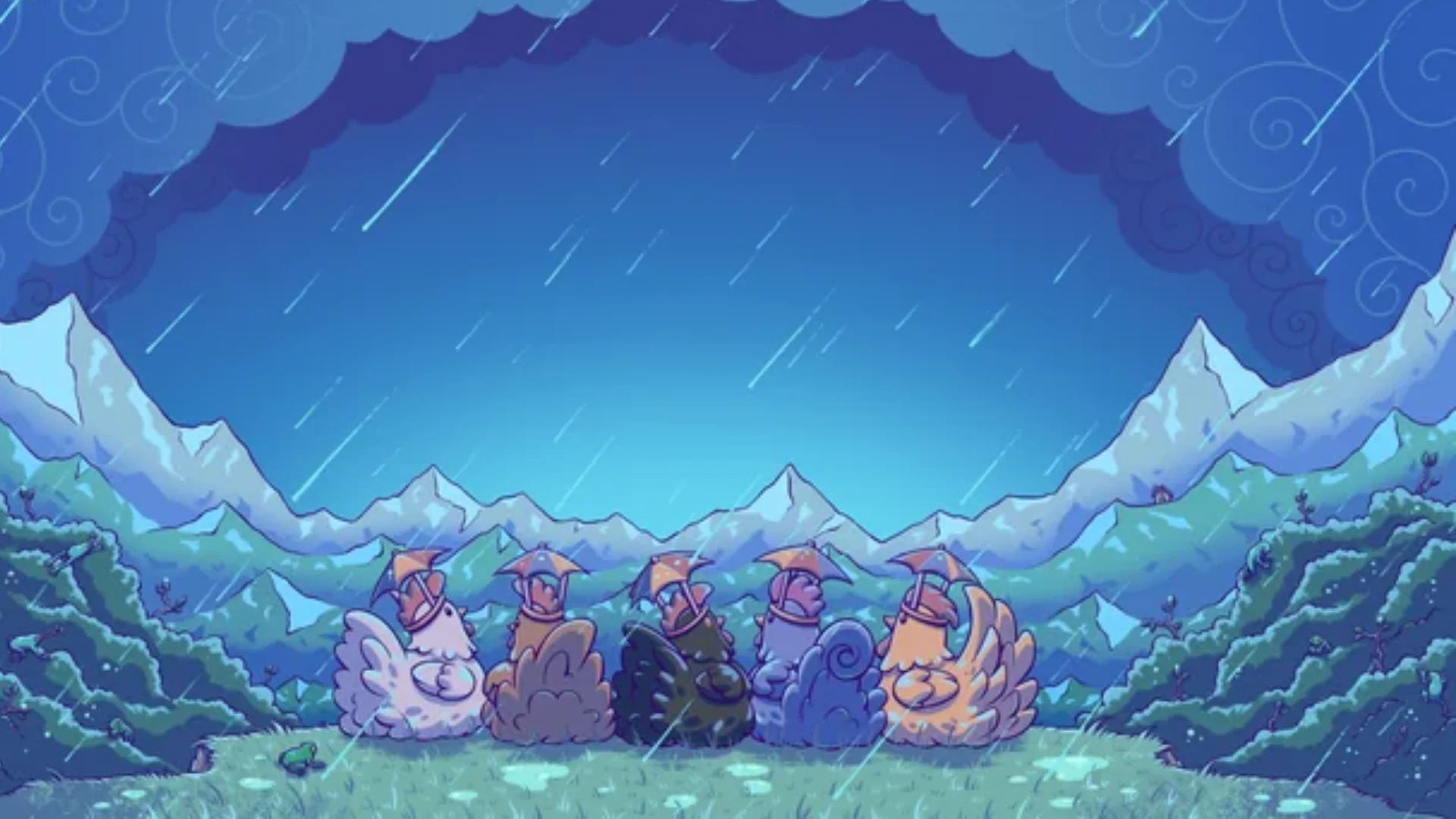 Stardew Valley chickens wearing hats sit together in the rain with mountains in the distance