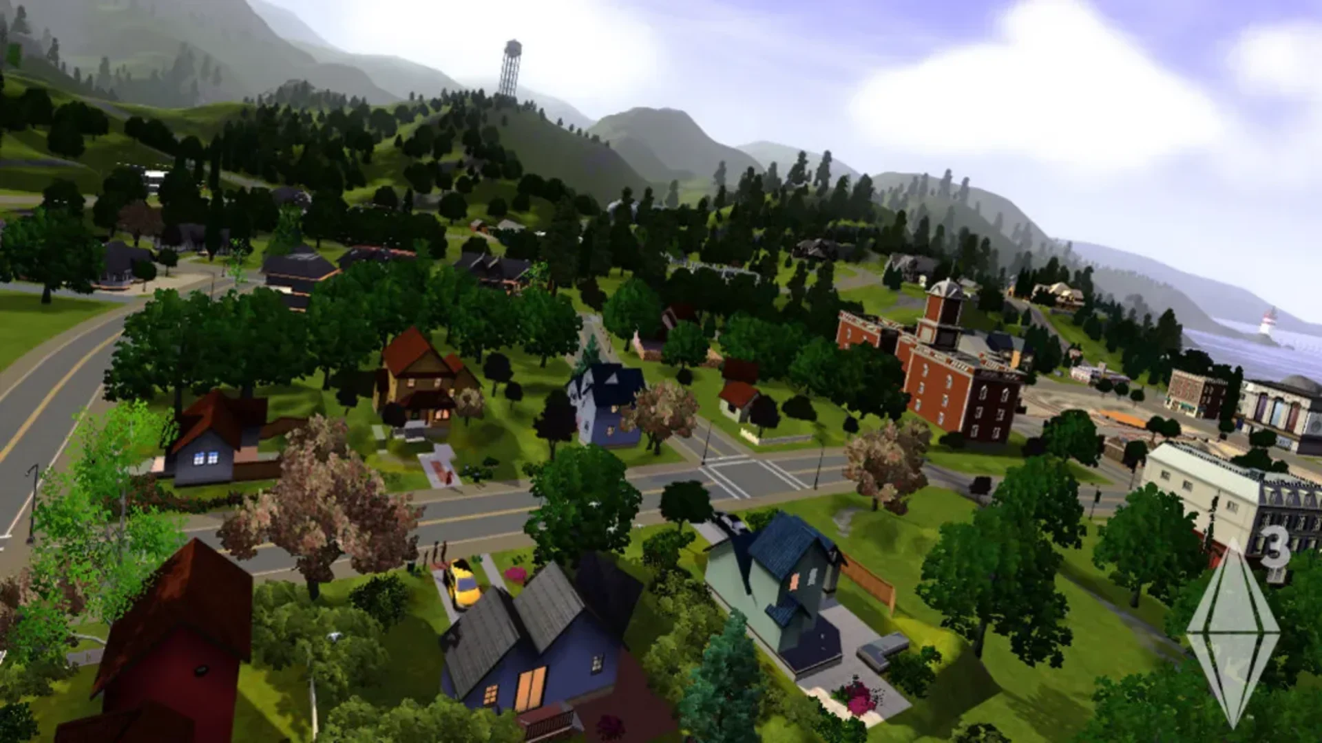 Aerial view of a suburban neighborhood and town in The Sims 3 with a Plumbob visible