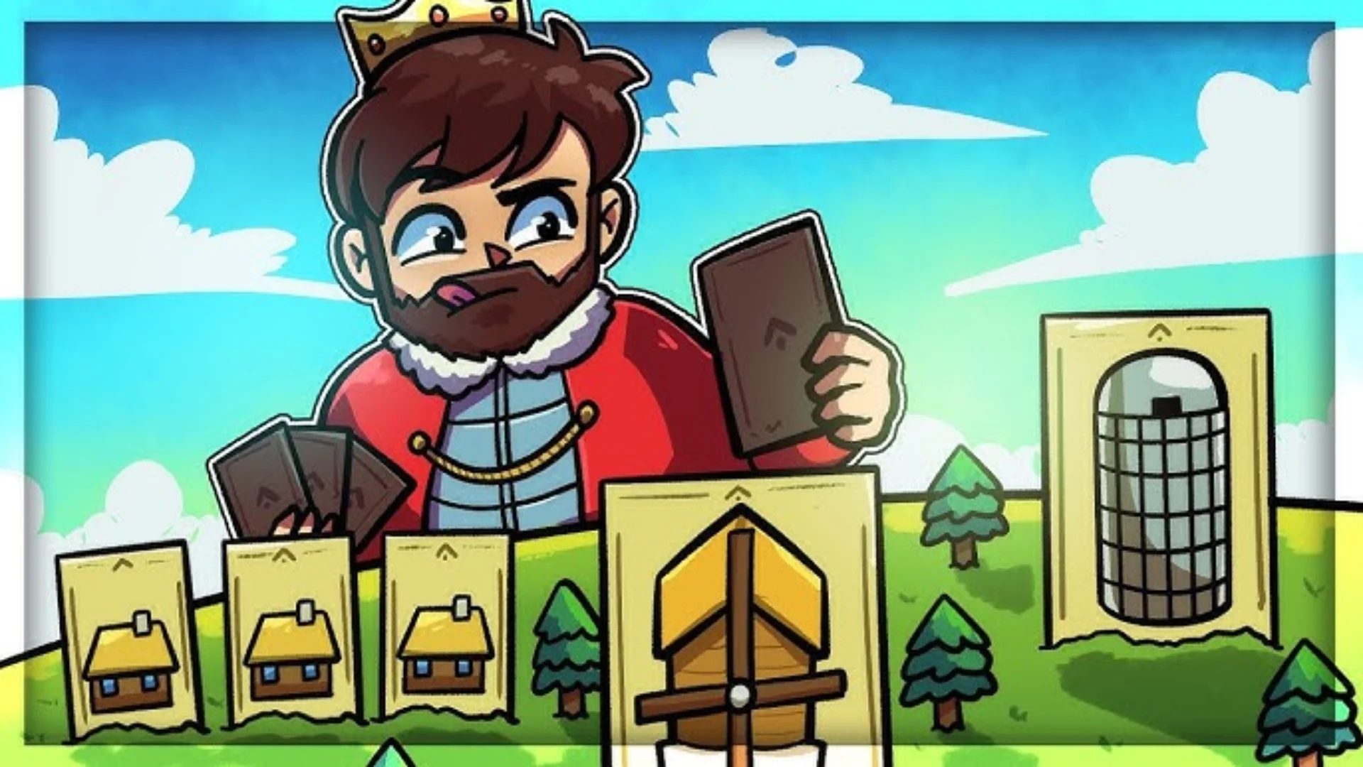 Tiny Life artwork showing a crowned character holding cards among house and building cards