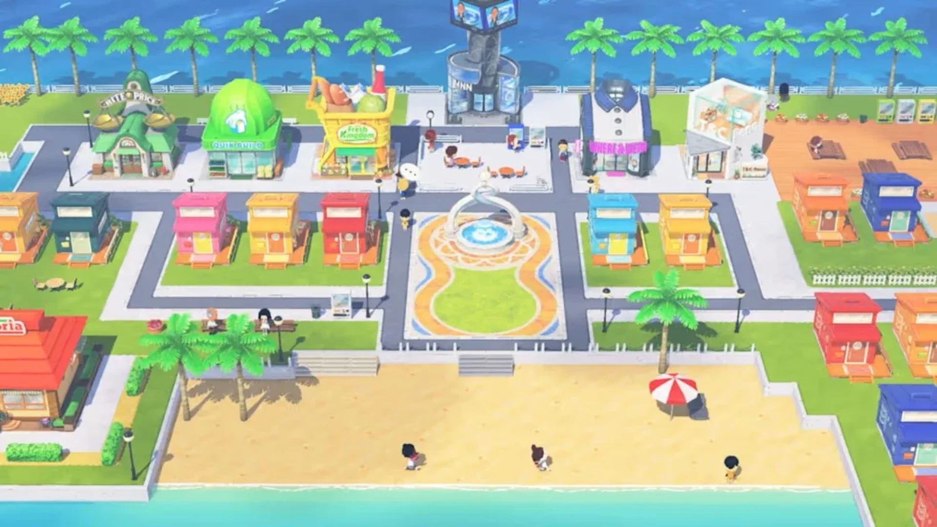 Colorful seaside town with shops, homes and Mii characters in Tomodachi Life: Living the Dream