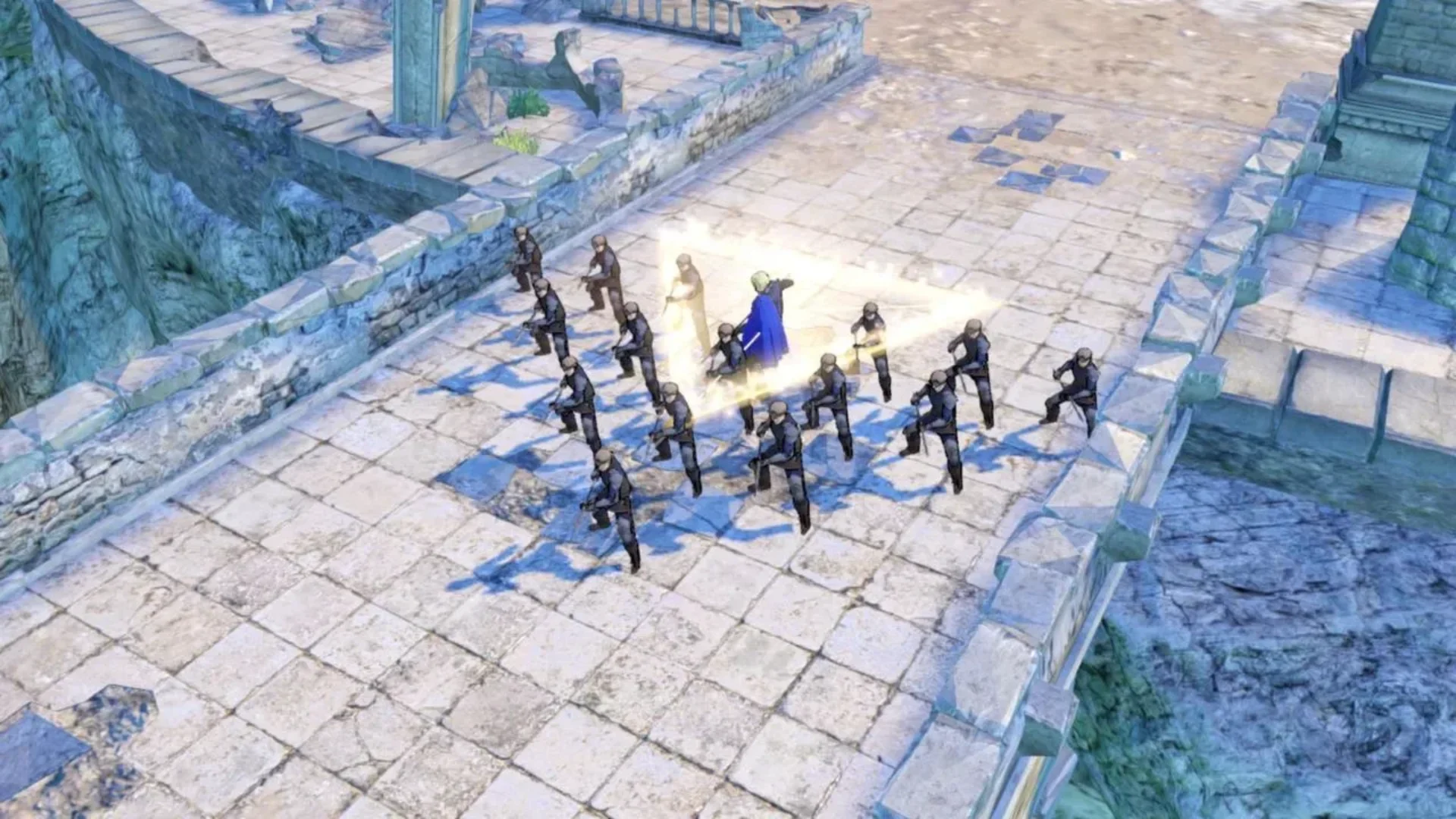 Fire Emblem: Three Houses units fight enemies during a tactical battle on a stone battlefield.