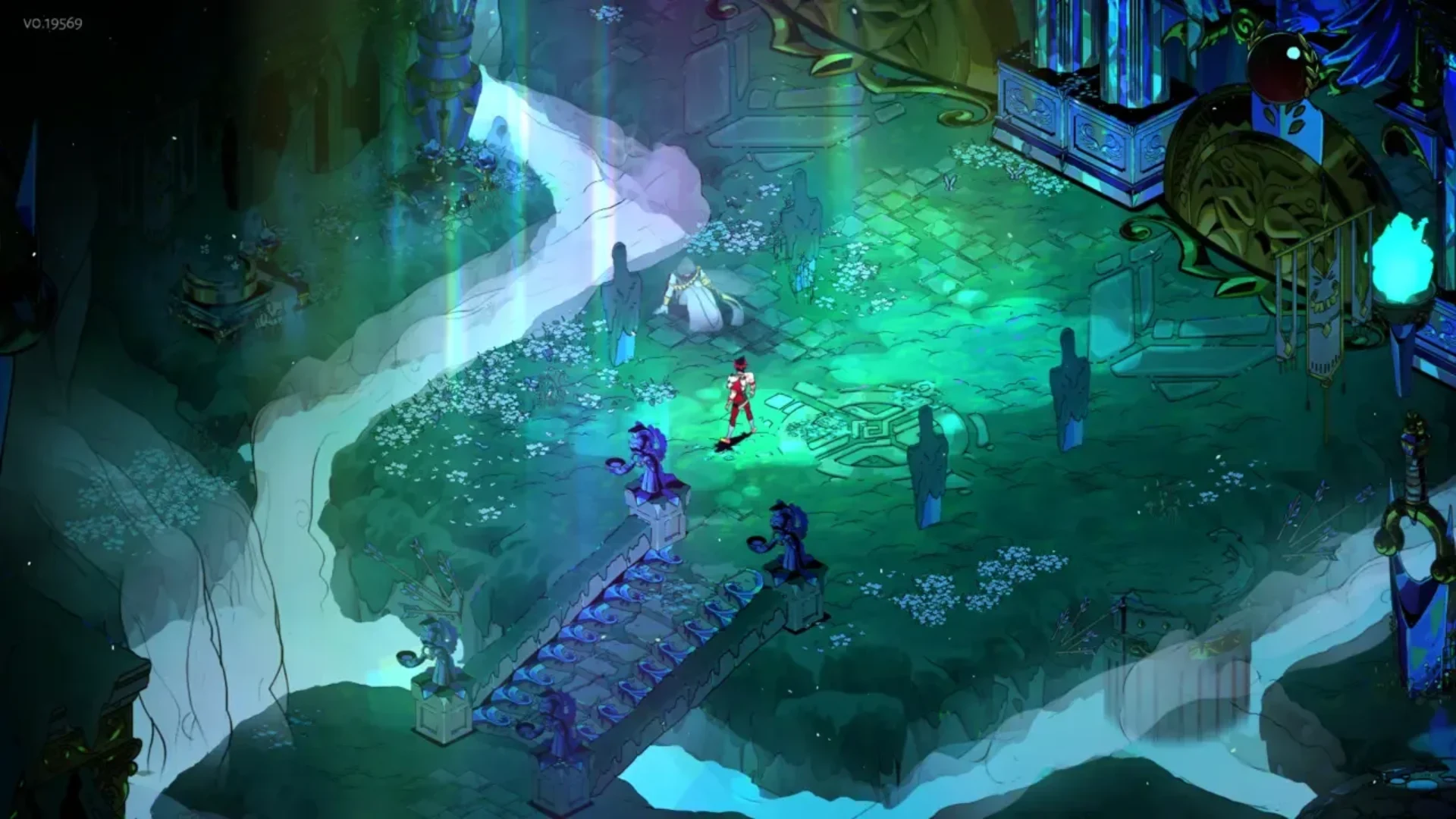 Zagreus explores a green-lit chamber in the Underworld in Hades.
