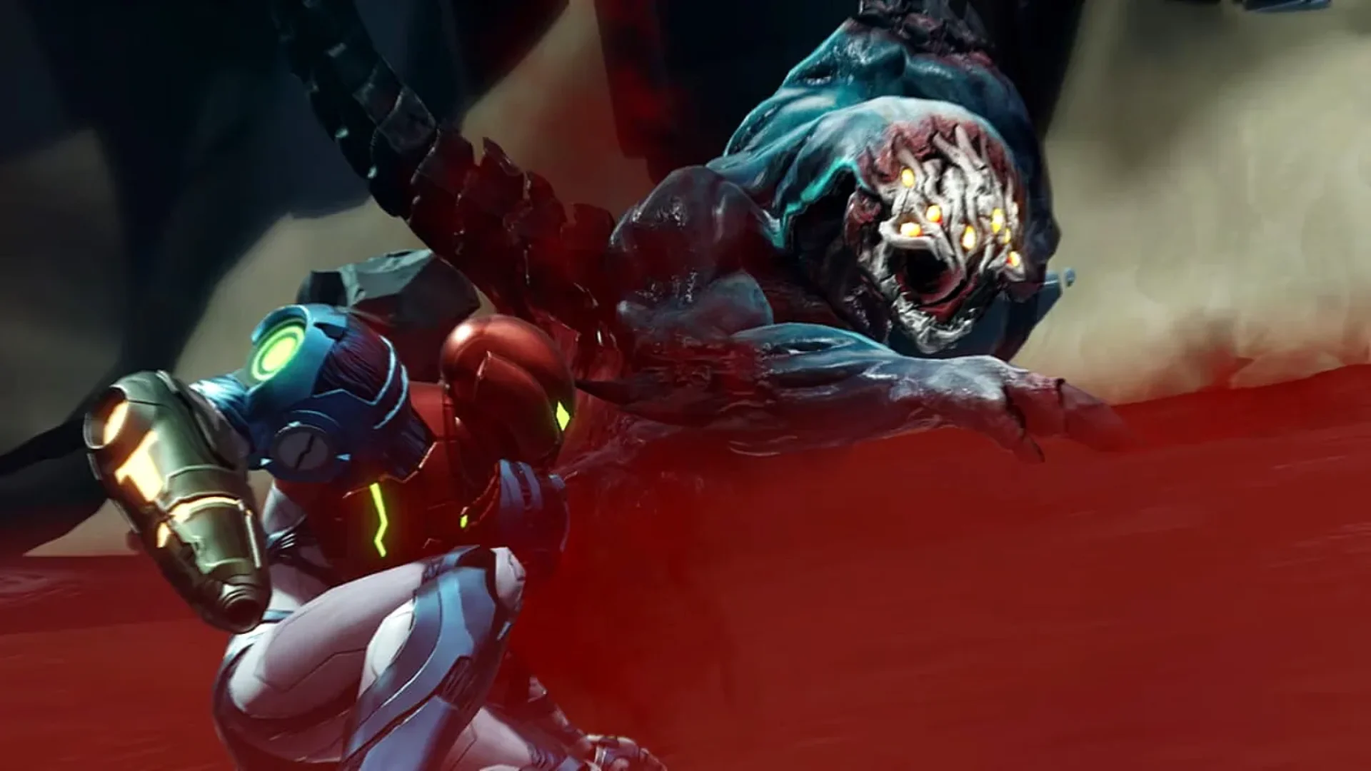 Samus Aran confronts a large hostile creature during combat in Metroid Dread.