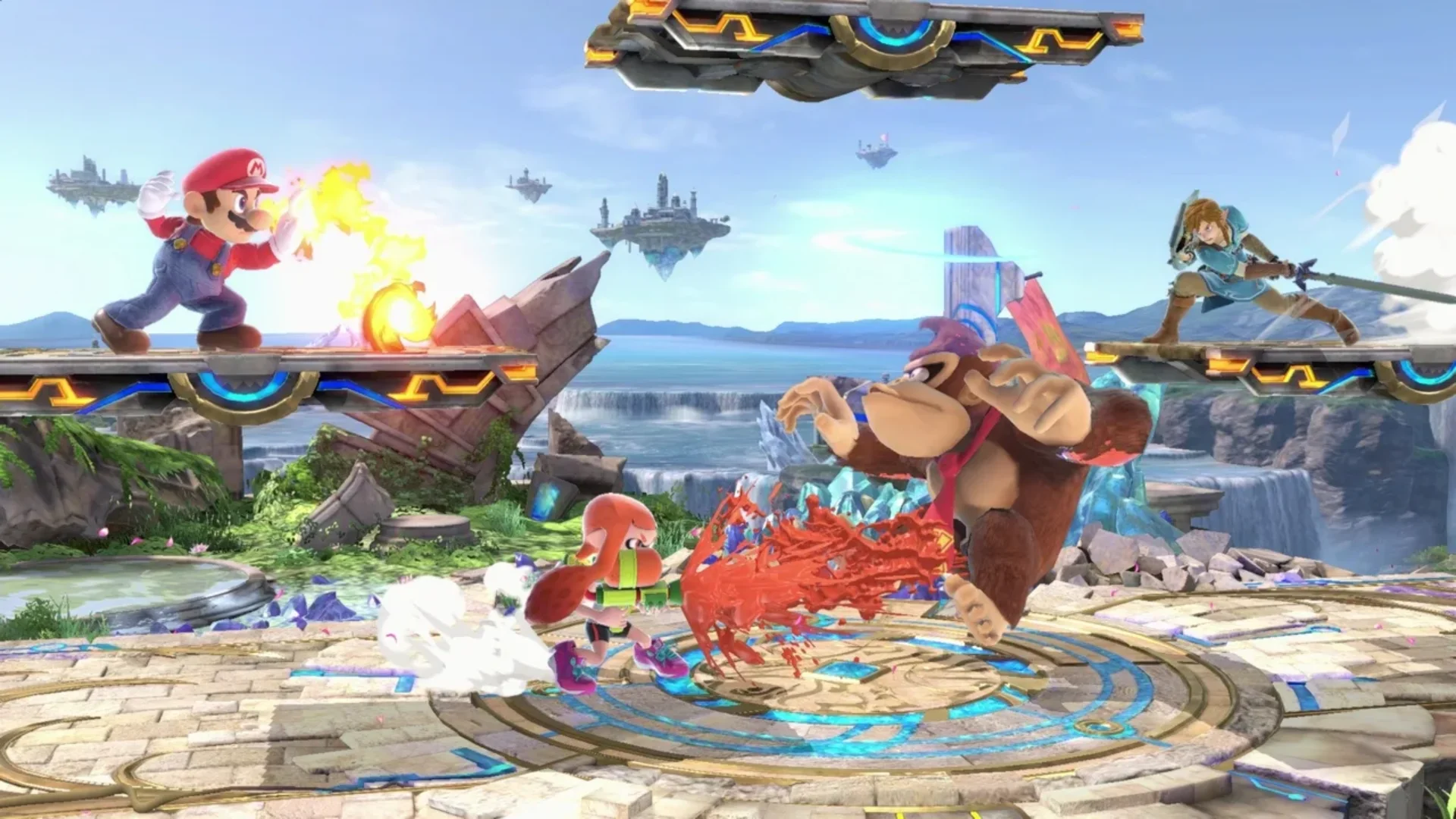 Mario, Donkey Kong, Link, and Inkling battle on a stage in Super Smash Bros. Ultimate.