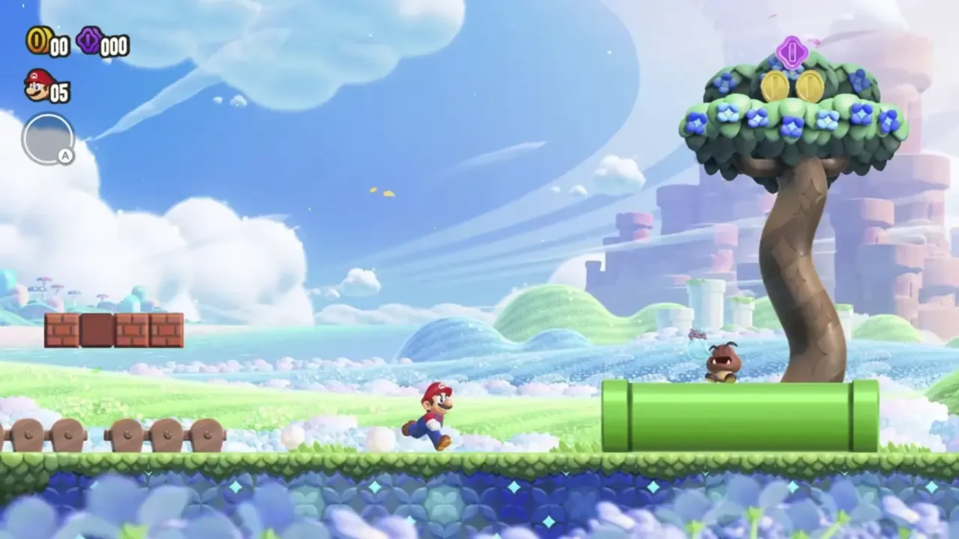 Mario runs through a colorful side-scrolling level in Super Mario Bros. Wonder.