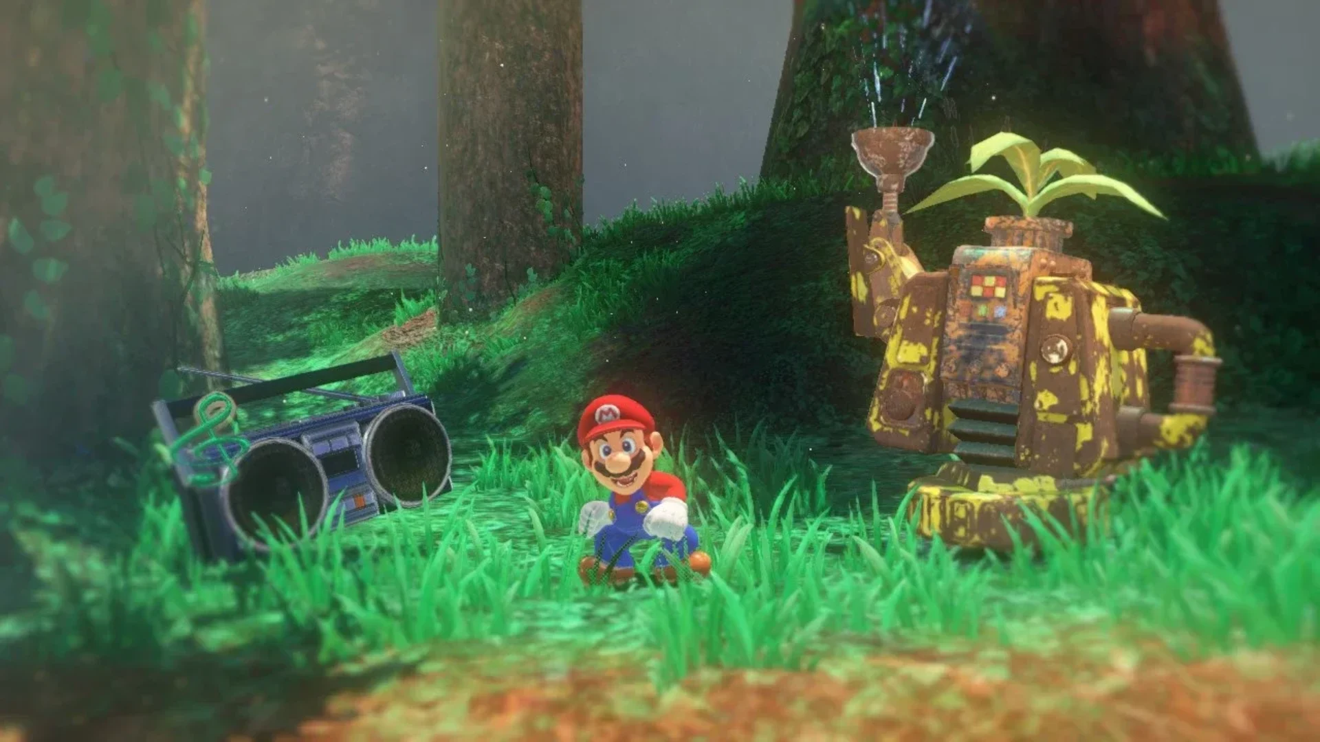 Mario explores a forest beside a Steam Gardener robot in Super Mario Odyssey.