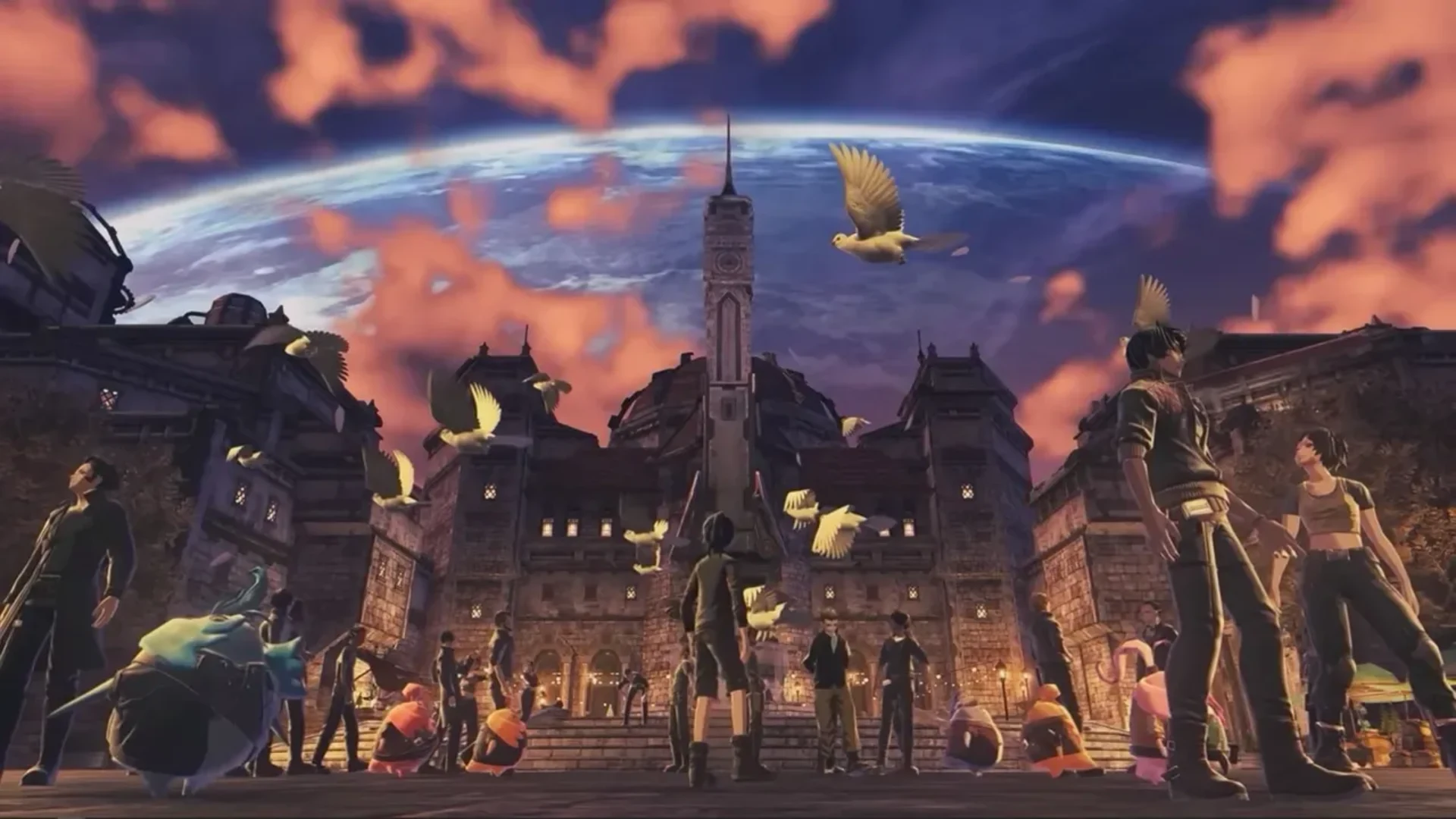 Xenoblade Chronicles 3 characters gather in a city beneath a dramatic sky filled with birds.