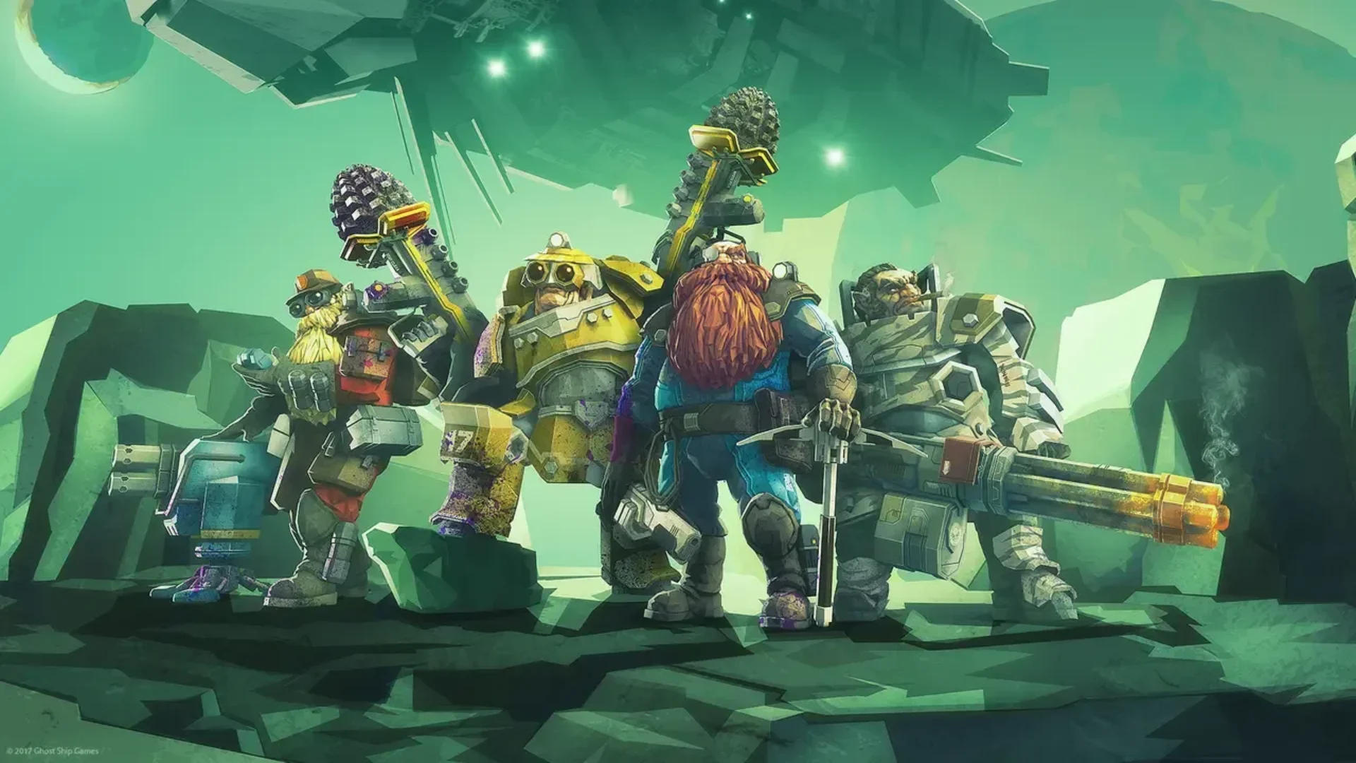 Four Deep Rock Galactic dwarves equipped for a cooperative mining mission