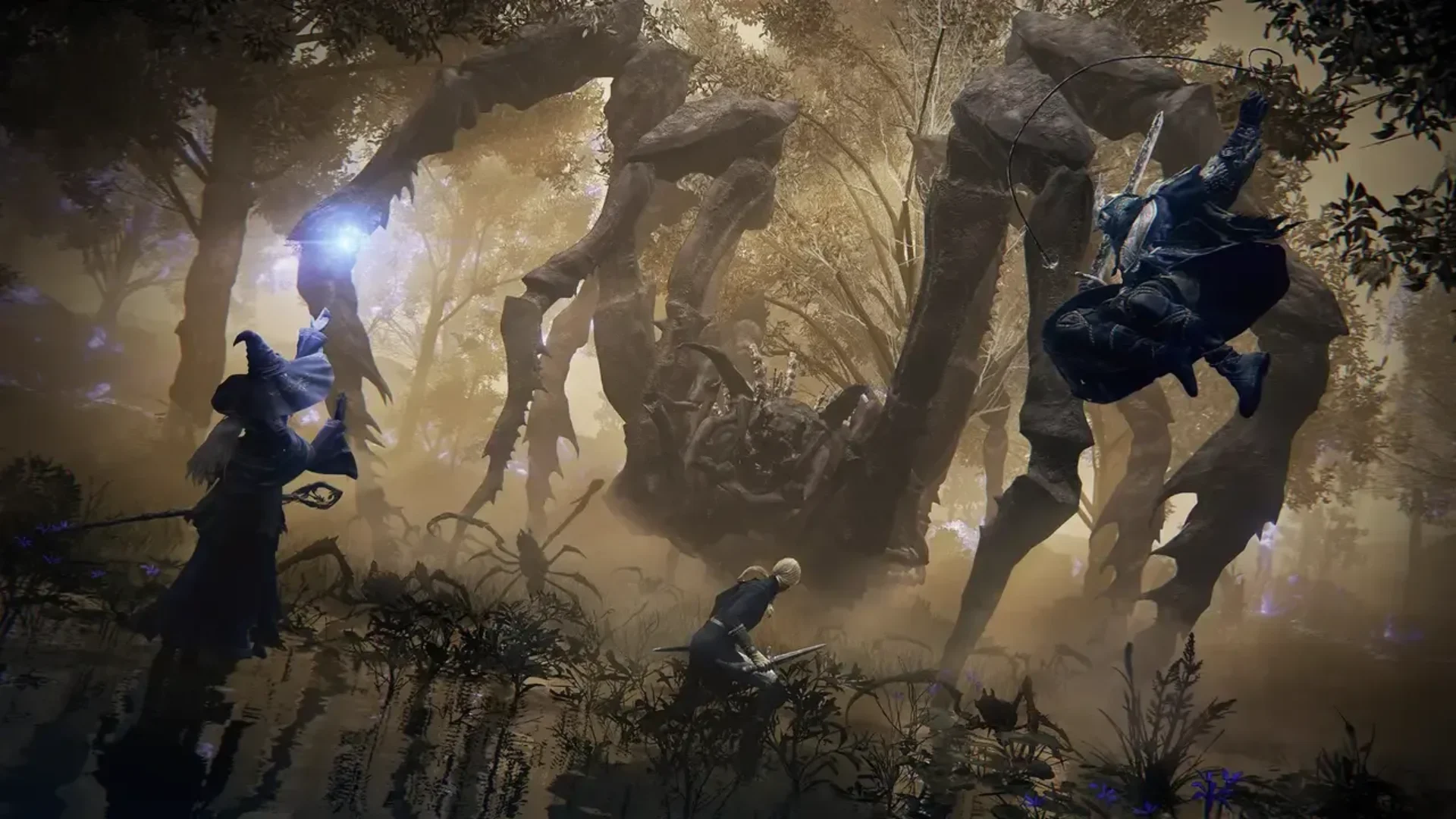 Elden Ring Nightreign players fighting a giant spider-like enemy in a forest