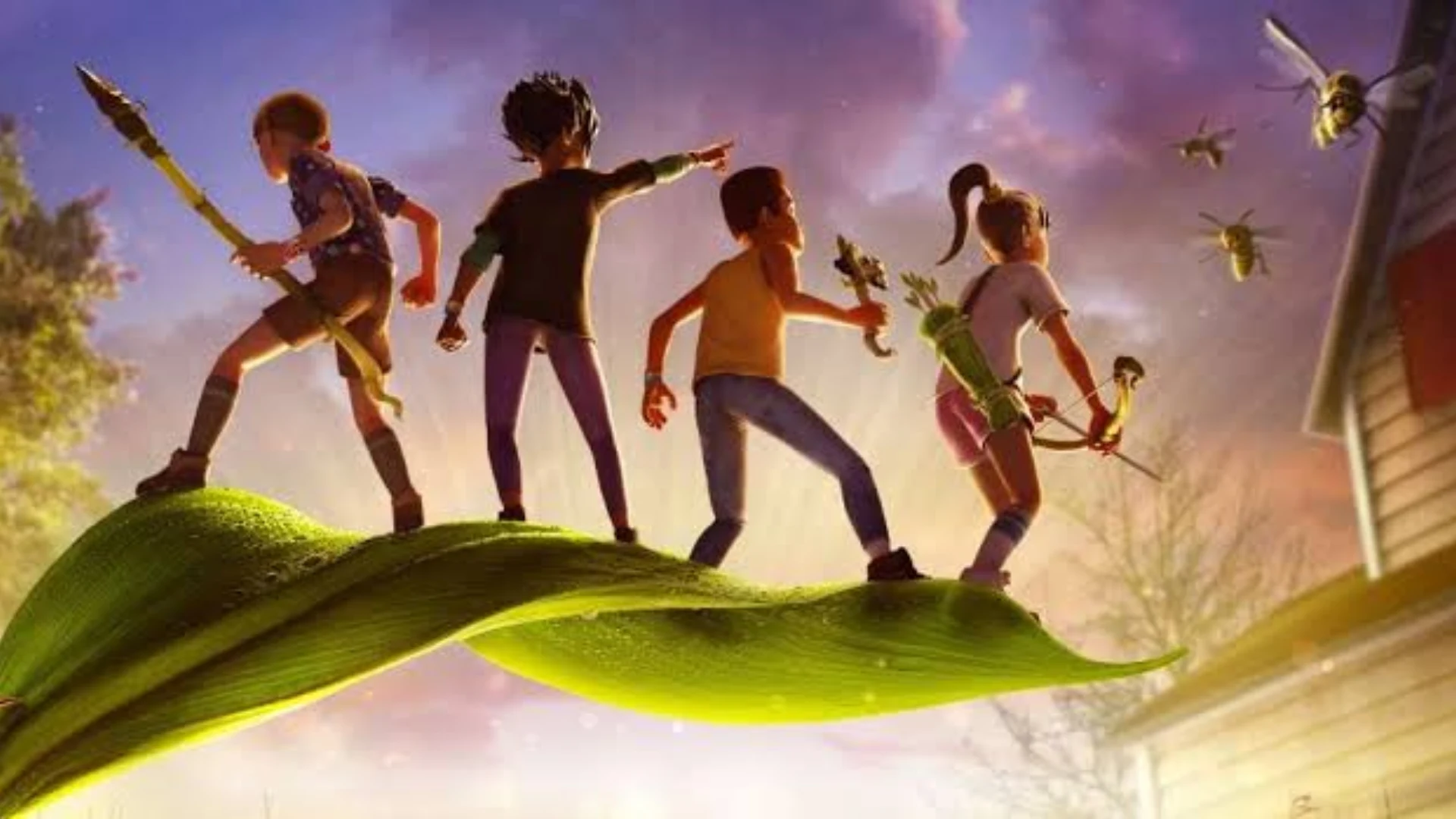 Four Grounded characters standing on a leaf while giant insects approach
