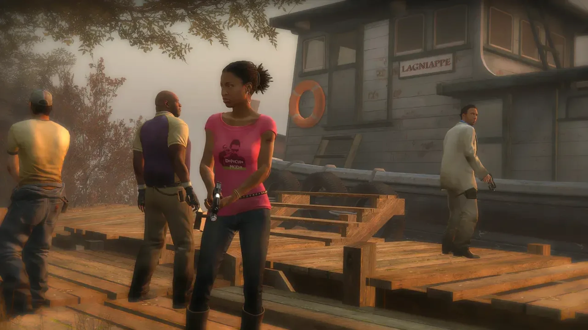 Left 4 Dead 2 survivors standing with weapons beside a wooden boat dock