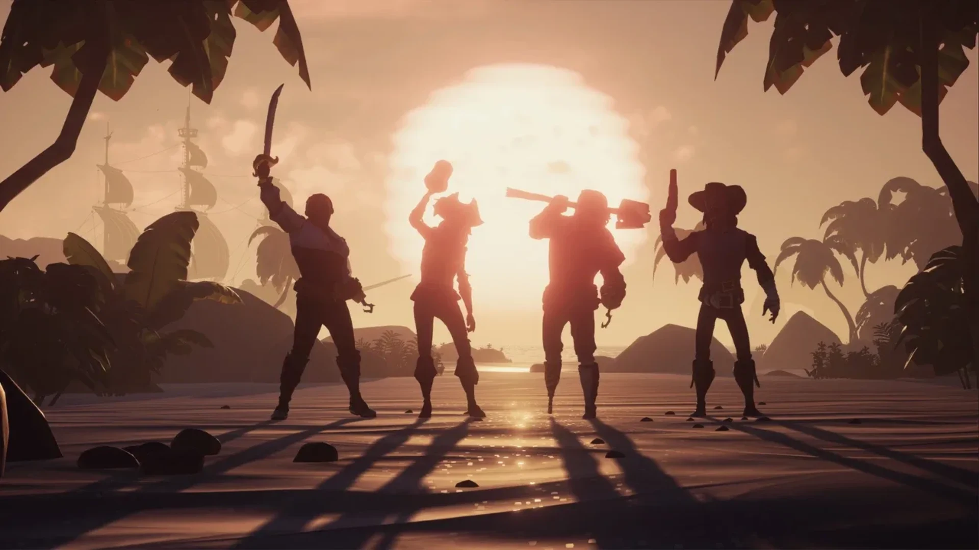 Four Sea of Thieves pirates standing together on a tropical beach at sunset