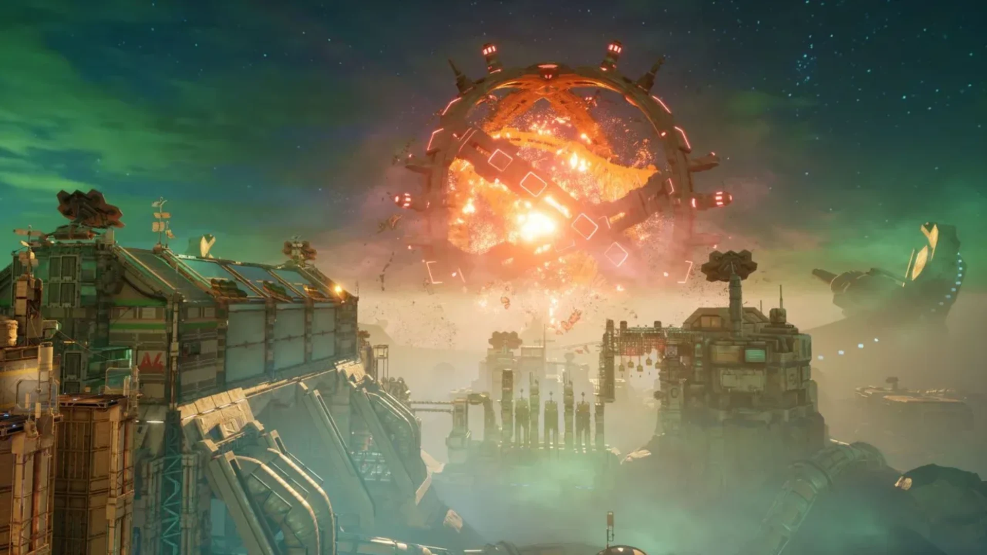 Split Fiction futuristic environment with a glowing mechanical sphere above a city