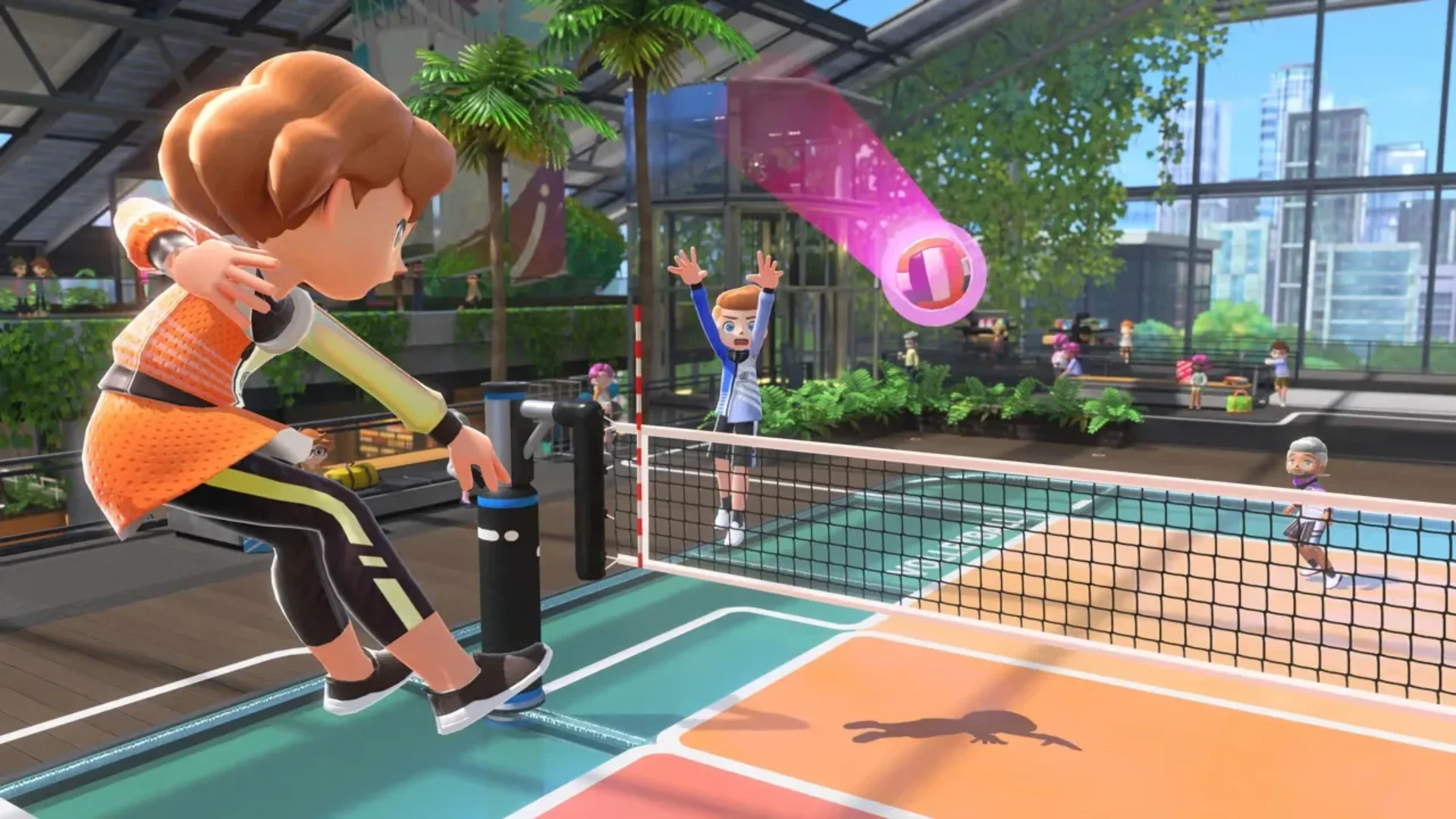 Nintendo Switch Sports characters compete in a doubles tennis match on an indoor court.