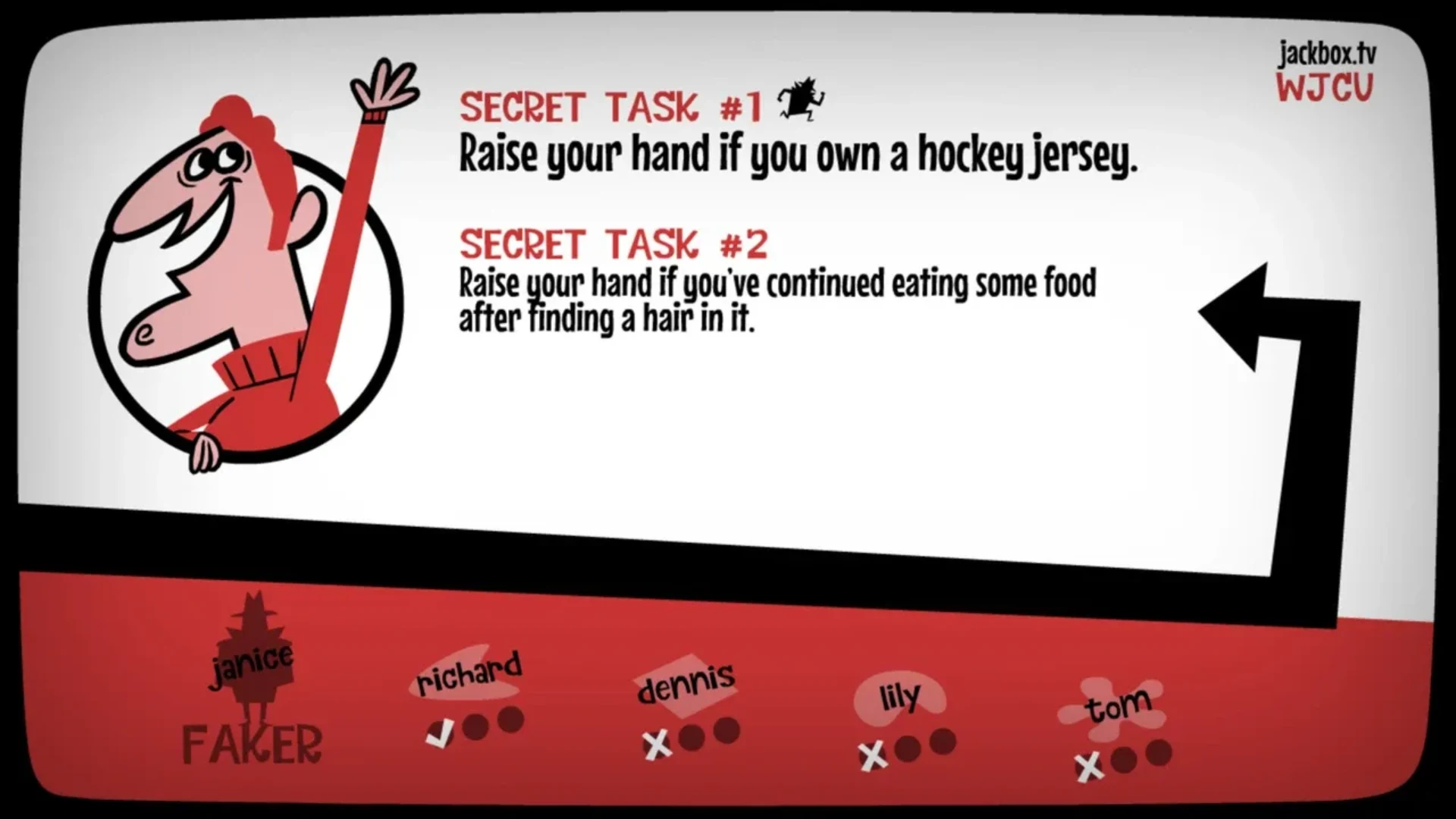 Fakin' It in The Jackbox Party Pack 3 displays secret tasks and player voting instructions.