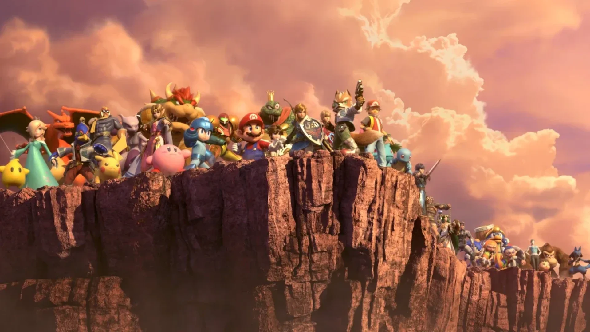 Mario and other characters avoid Bowser inside a fiery Super Mario Party Jamboree minigame.