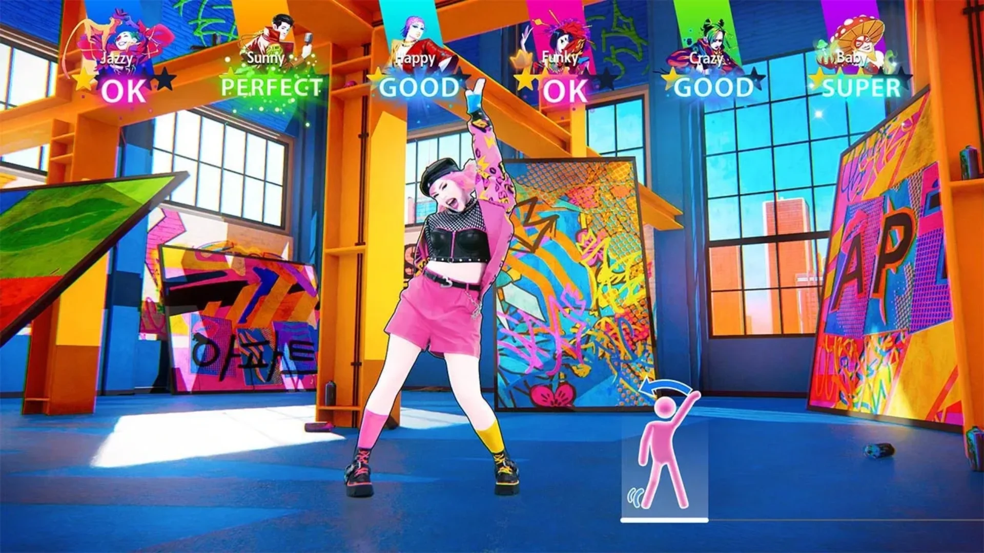 Just Dance 2026 Edition dancer performing while multiple players receive scores across the screen.